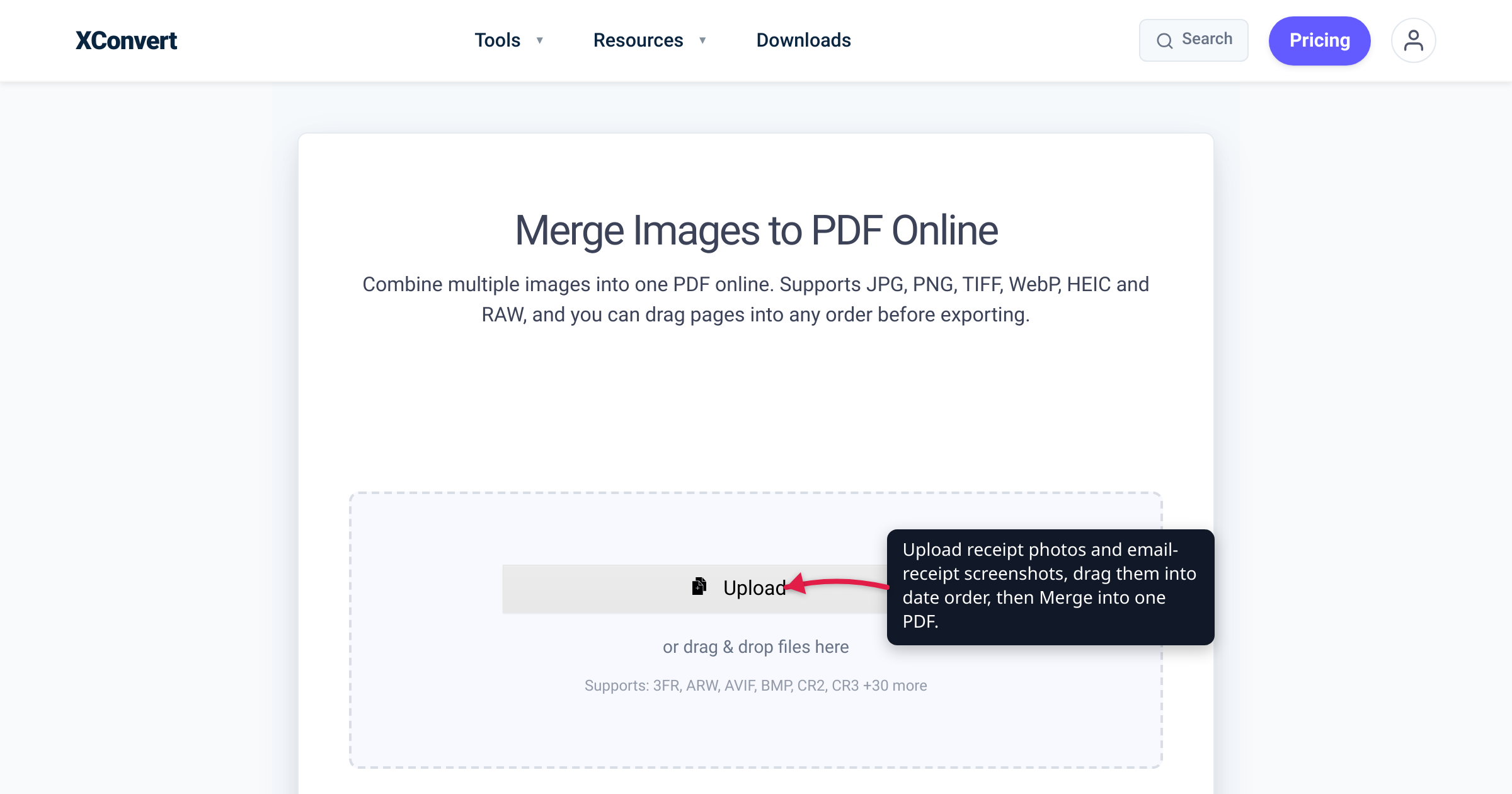 The xconvert Merge Images to PDF tool at /merge-image-to-pdf with the Upload button highlighted — upload receipt photos and email-receipt screenshots, drag them into date order, then Merge into one PDF.