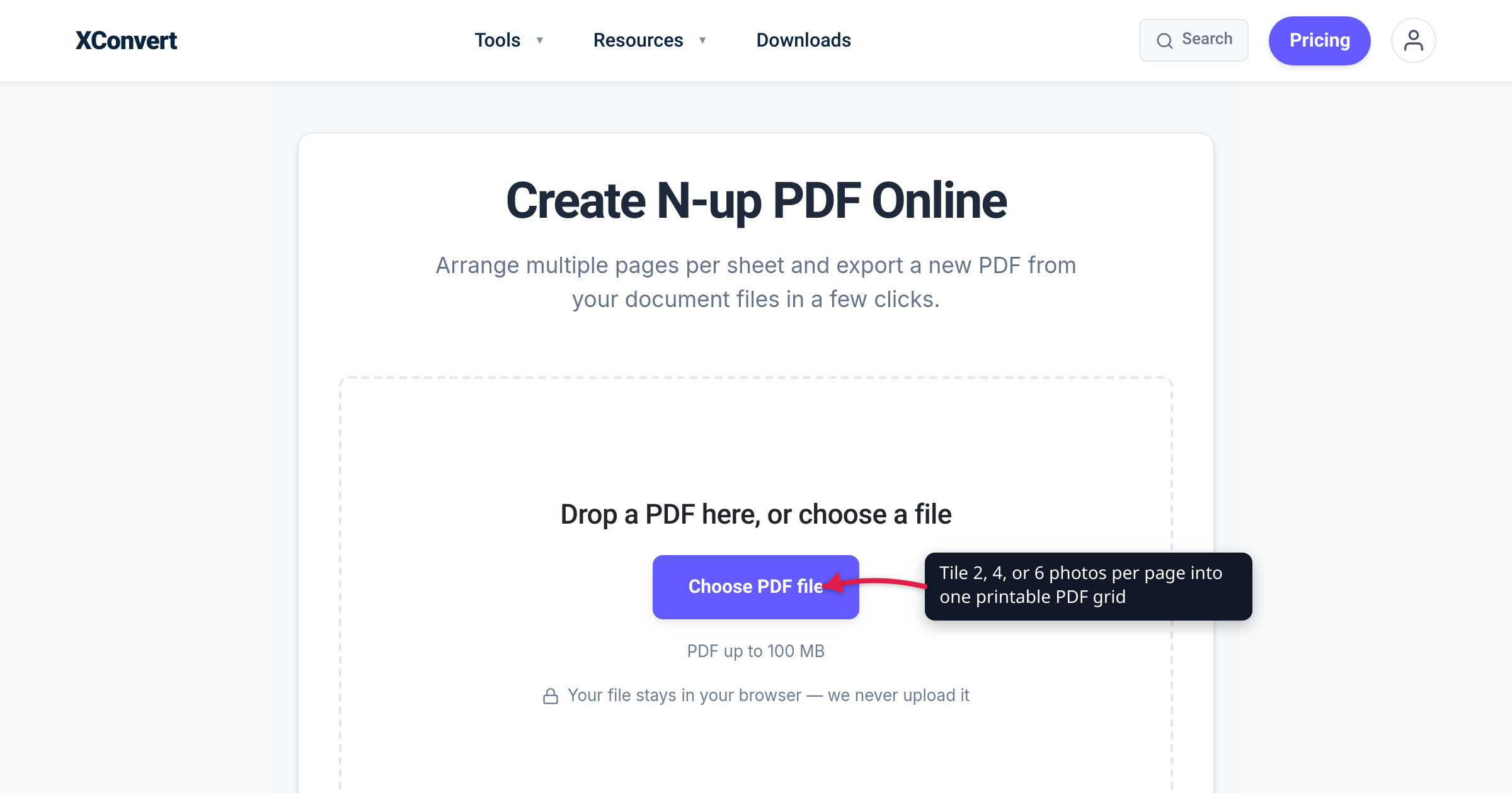 The xconvert N-up PDF tool at /n-up-pdf with the Add Files button highlighted — tile 2, 4, or 6 photos per page into one printable PDF grid
