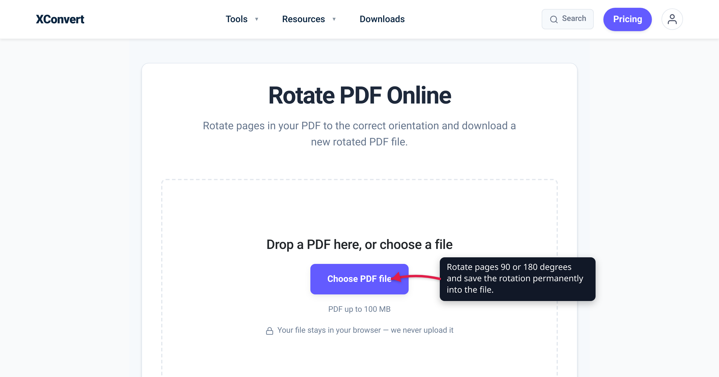 The xconvert Rotate PDF tool at /rotate-pdf with the '+ Add Files' upload button highlighted — rotate pages 90 or 180 degrees and save the rotation permanently into the file.