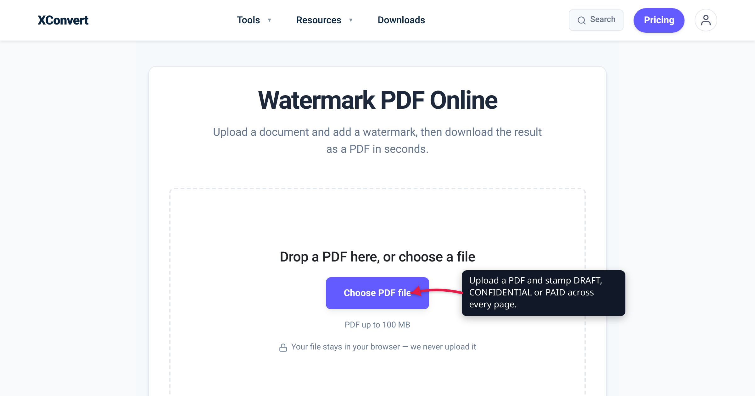 The xconvert Watermark PDF tool at /watermark-pdf with the Add Files button highlighted — upload a PDF and stamp DRAFT, CONFIDENTIAL or PAID across every page.