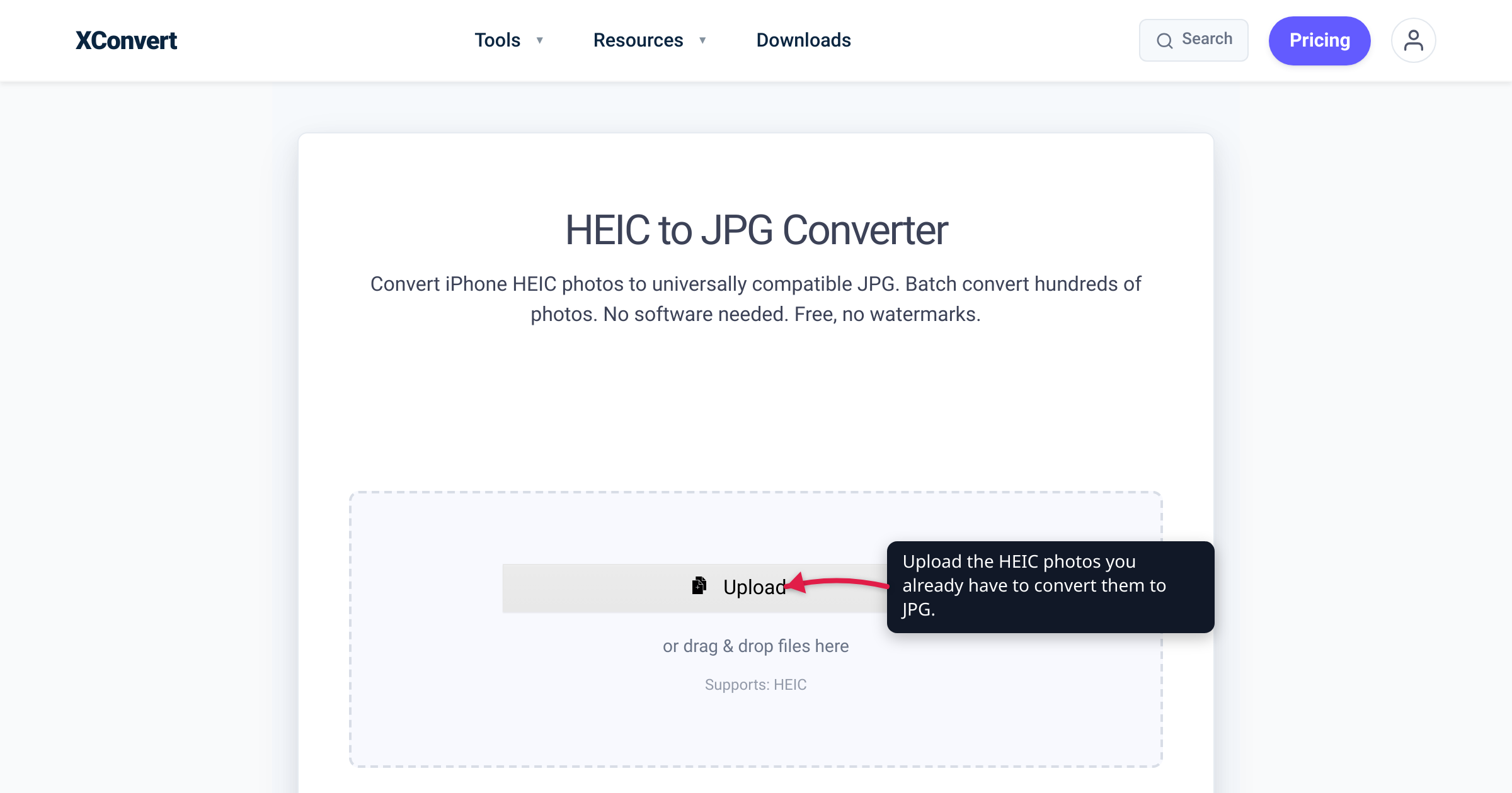 The xconvert HEIC to JPG converter at /convert-heic-to-jpg with the + Add Files button highlighted — upload the HEIC photos you already have to convert them to JPG.