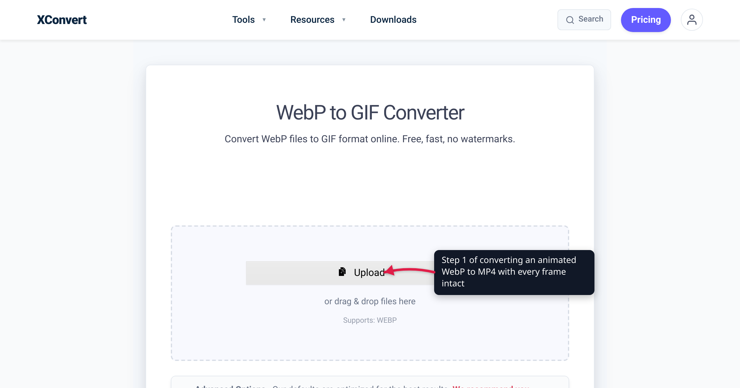 The xconvert WebP to GIF converter at /convert-webp-to-gif with the + Add Files button highlighted — step 1 of converting an animated WebP to MP4 with every frame intact