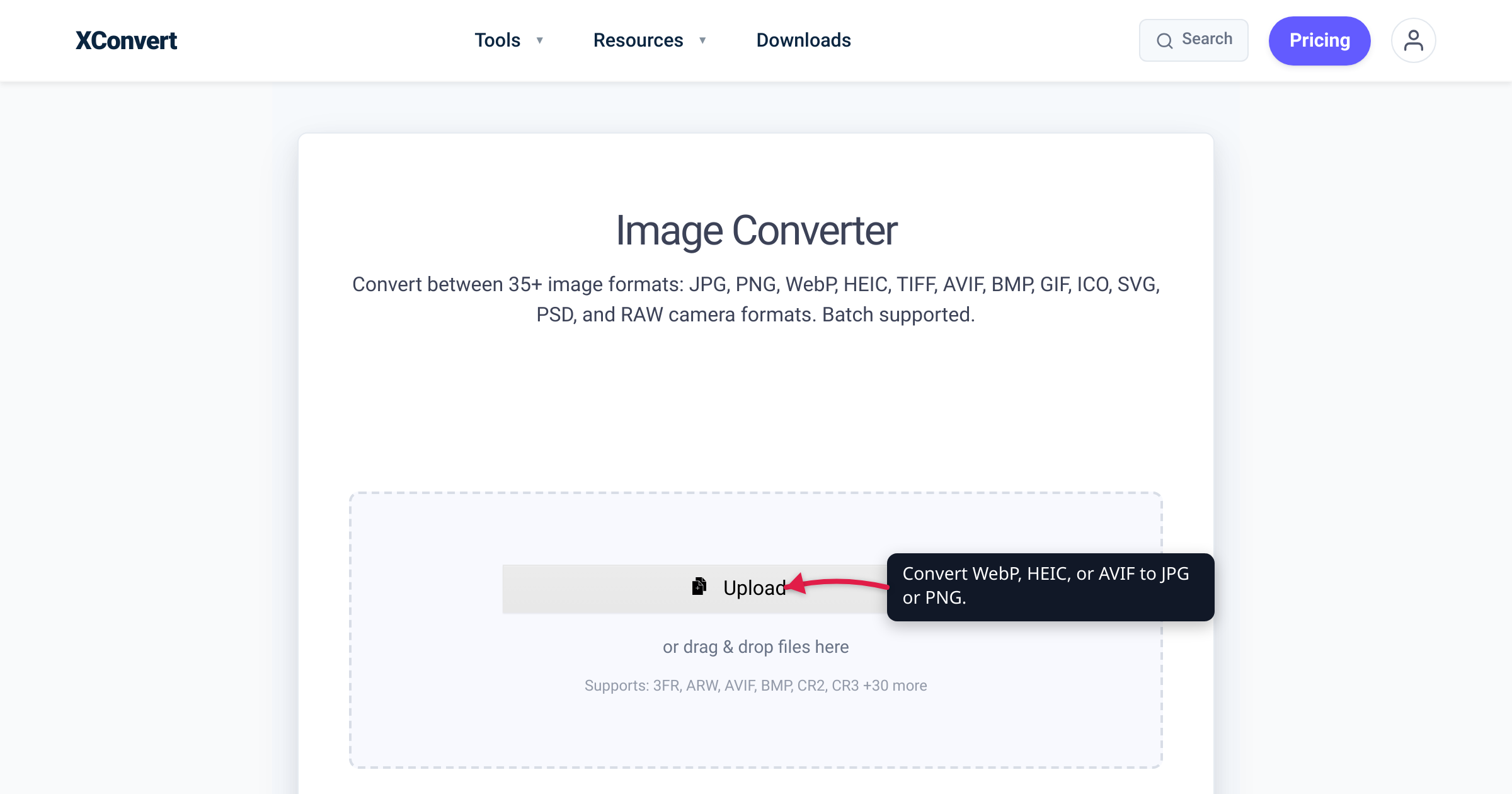 The xconvert Image Converter at /image-converter with the Upload button highlighted — convert WebP, HEIC, or AVIF to JPG or PNG.