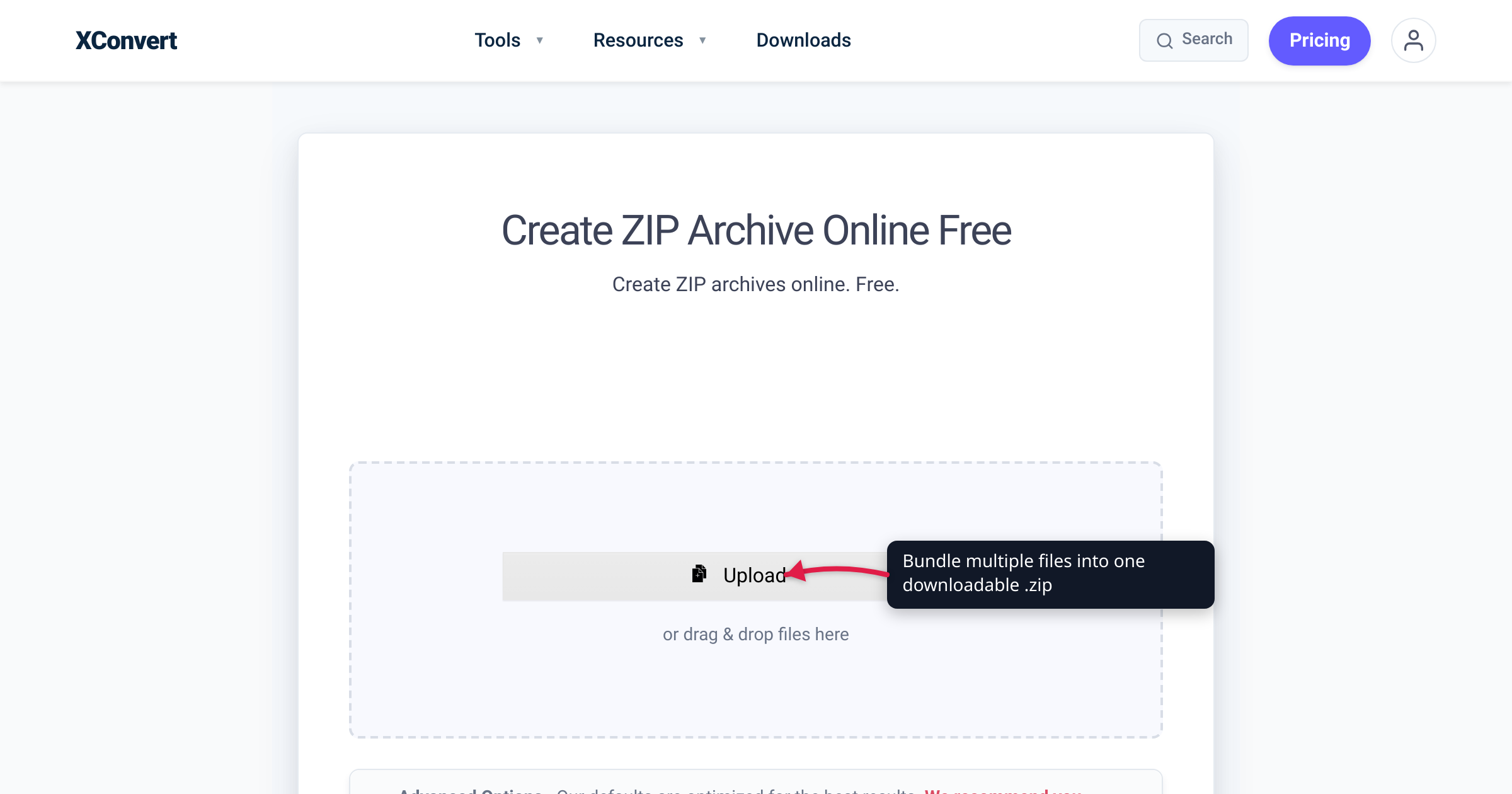 The xconvert Create ZIP Archive tool at /archive-file-to-zip with the + Add Files button highlighted — bundle multiple files into one downloadable .zip