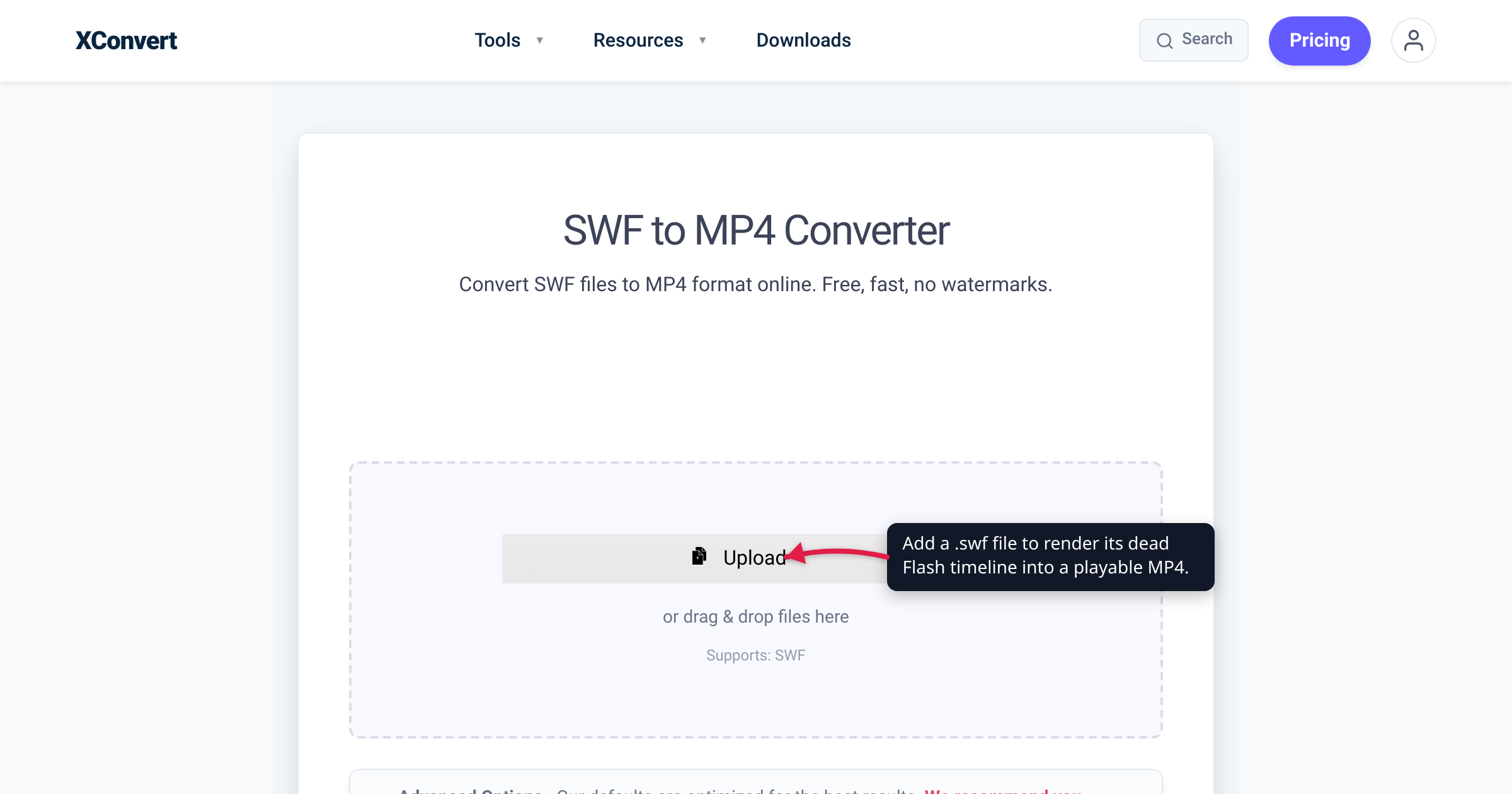 The xconvert SWF to MP4 converter at /convert-swf-to-mp4 with the Upload button highlighted — add a .swf file to render its dead Flash timeline into a playable MP4.