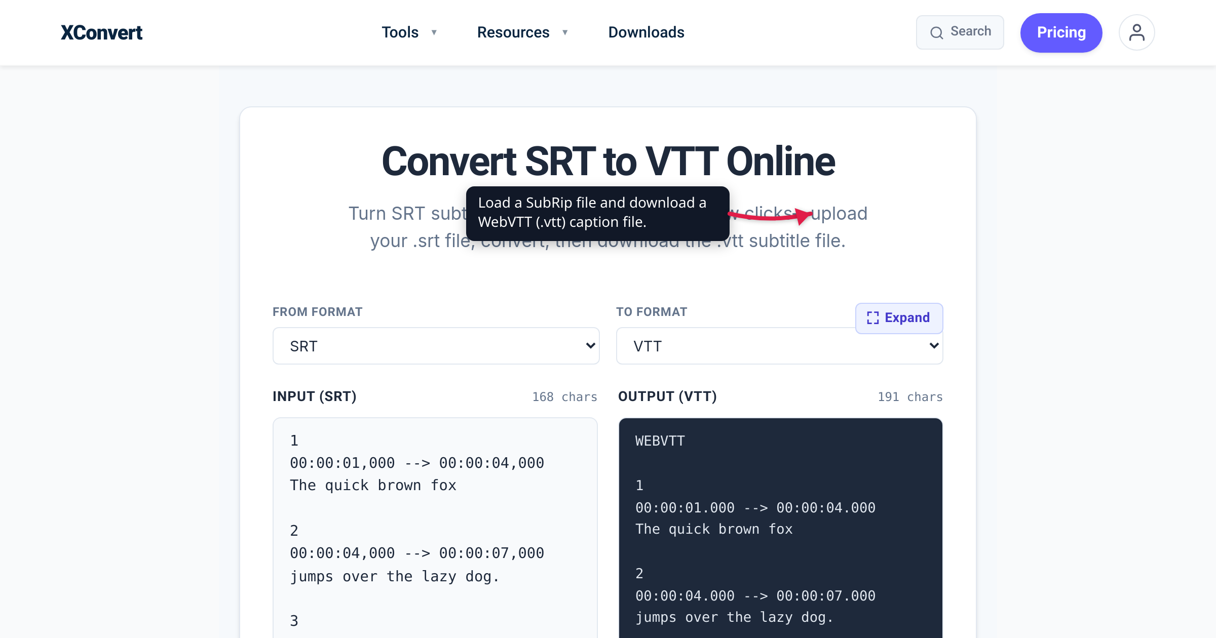 The xconvert Convert SRT to VTT tool at /convert-srt-to-vtt with the Upload .srt button highlighted — load a SubRip file and download a WebVTT (.vtt) caption file.