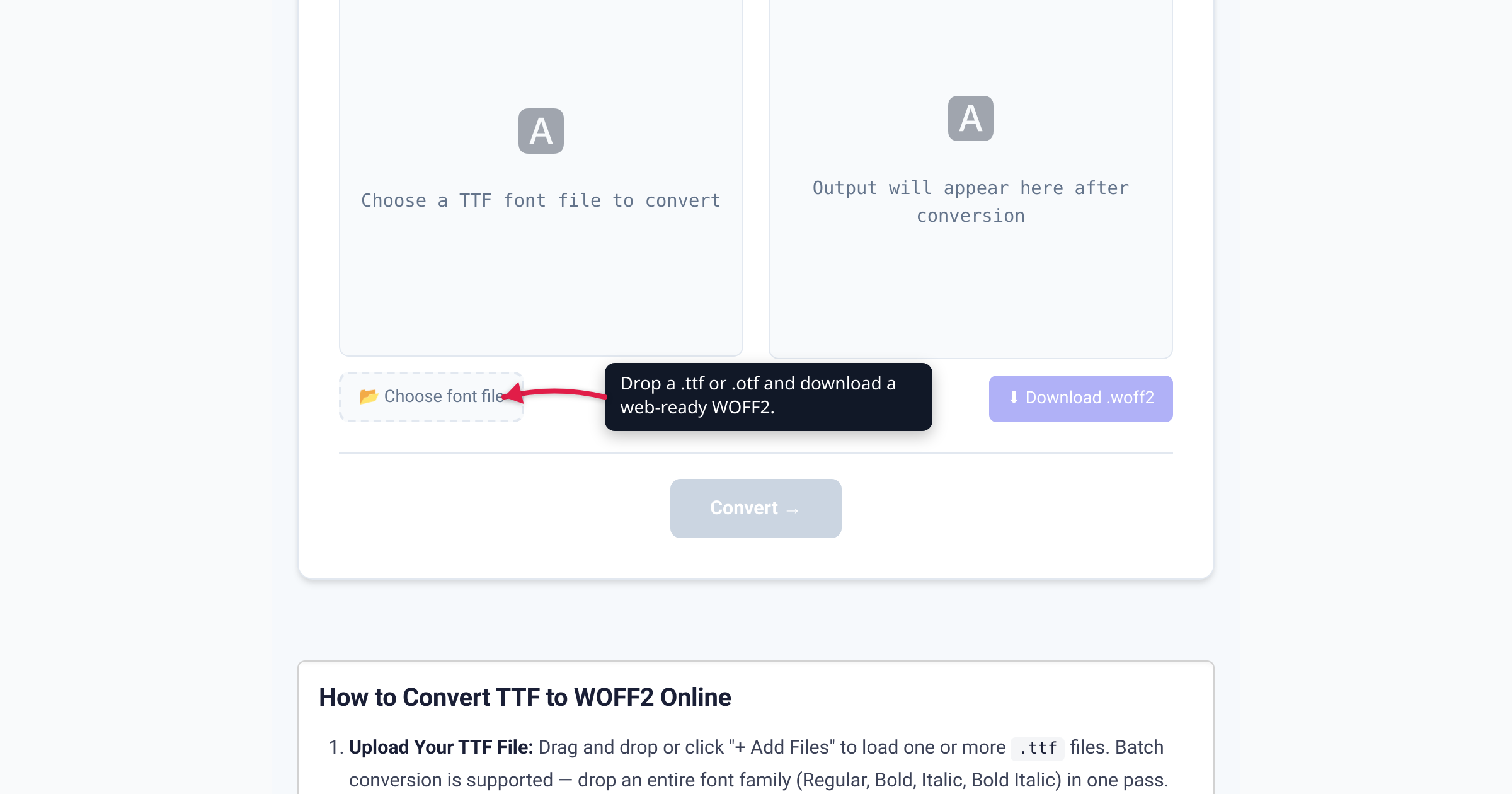 The xconvert TTF to WOFF2 converter at /convert-ttf-to-woff2 with the Choose font file button highlighted — drop a .ttf or .otf and download a web-ready WOFF2.