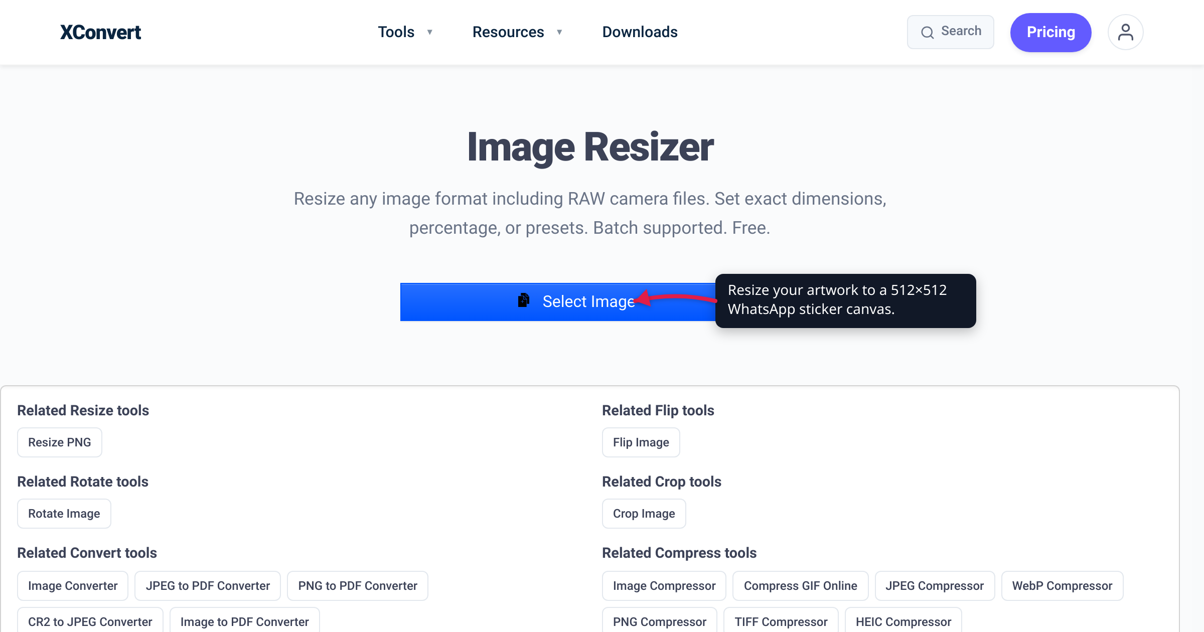 The xconvert image resizer at /image-resizer with the Select Image button highlighted — resize your artwork to a 512×512 WhatsApp sticker canvas.