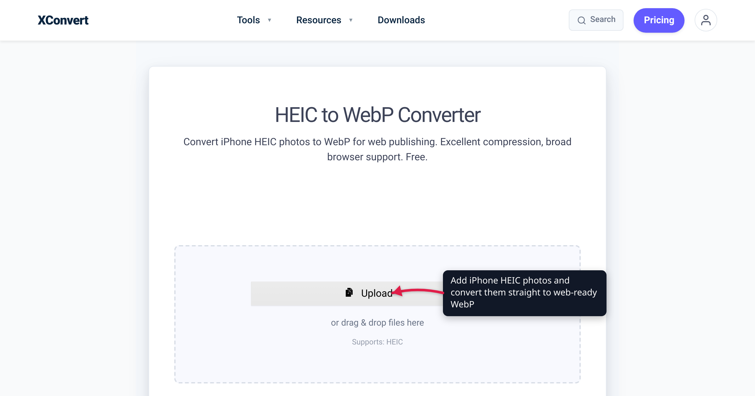 The xconvert HEIC to WebP converter at /convert-heic-to-webp with the + Add Files button highlighted — add iPhone HEIC photos and convert them straight to web-ready WebP