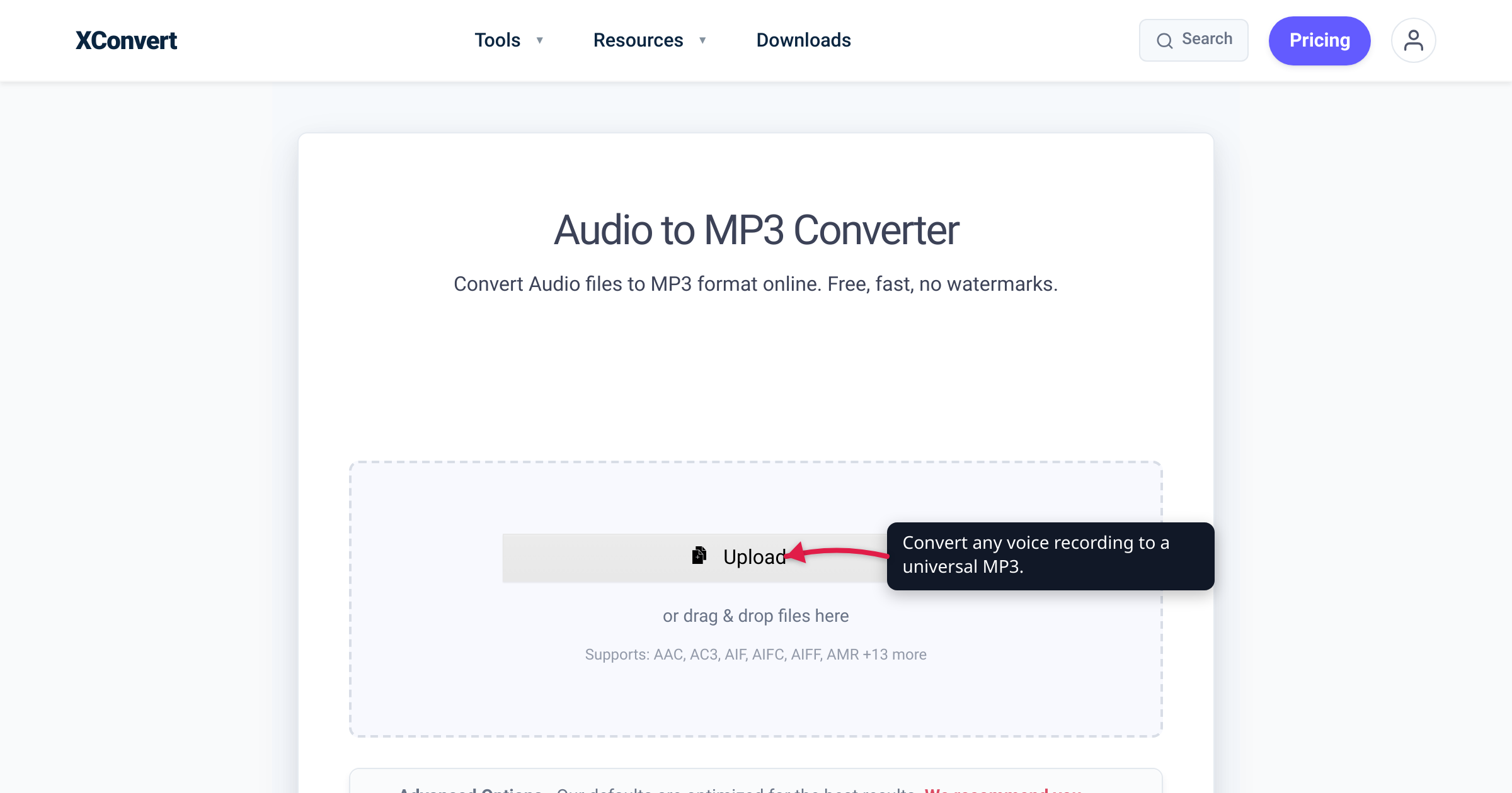 The xconvert Audio to MP3 converter at /convert-audio-to-mp3 with the + Add Files upload button highlighted — convert any voice recording to a universal MP3.