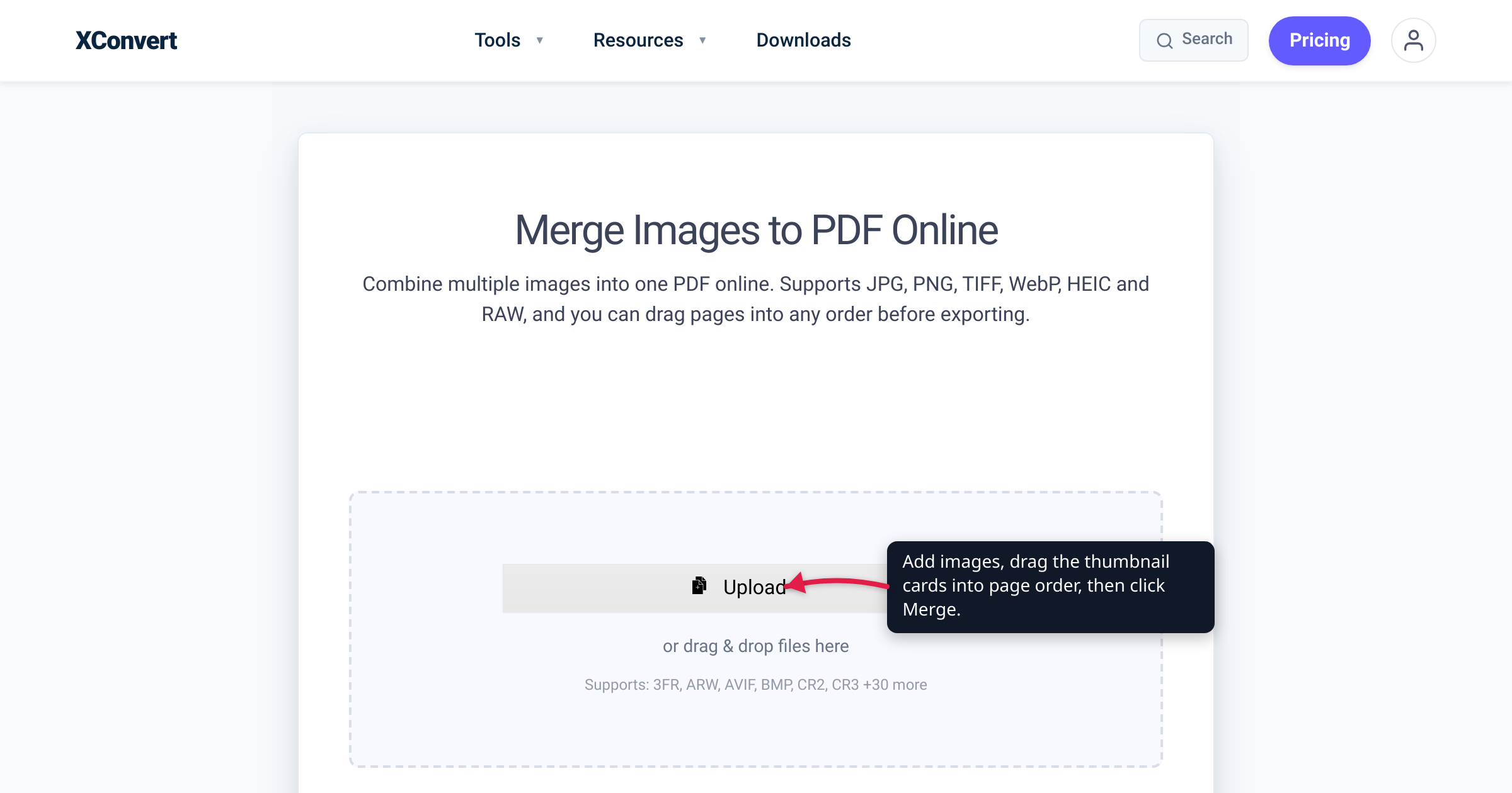 The xconvert Merge Images to PDF tool at /merge-image-to-pdf with the Upload button highlighted — add images, drag the thumbnail cards into page order, then click Merge.