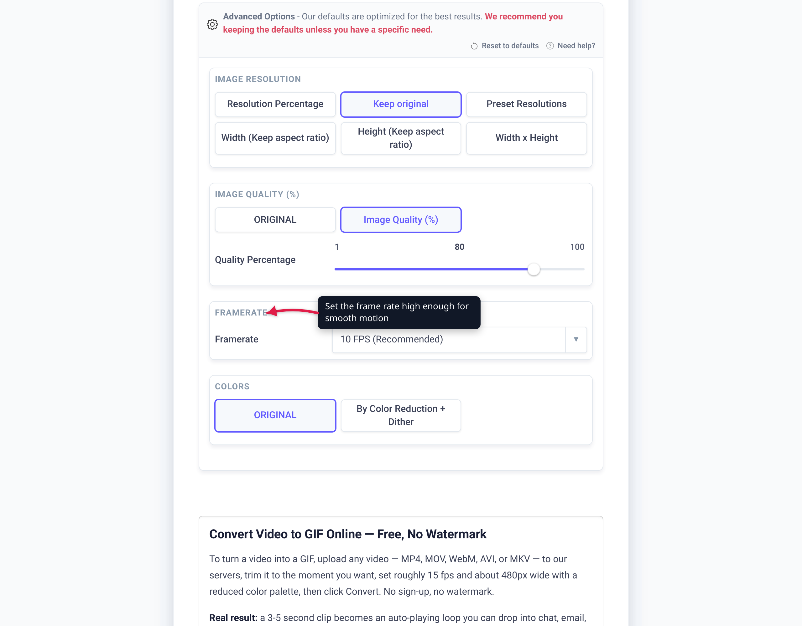The Video to GIF converter's Advanced Options with File Compression switched to Custom — Image resolution, Image Quality (%), Framerate and Colors together