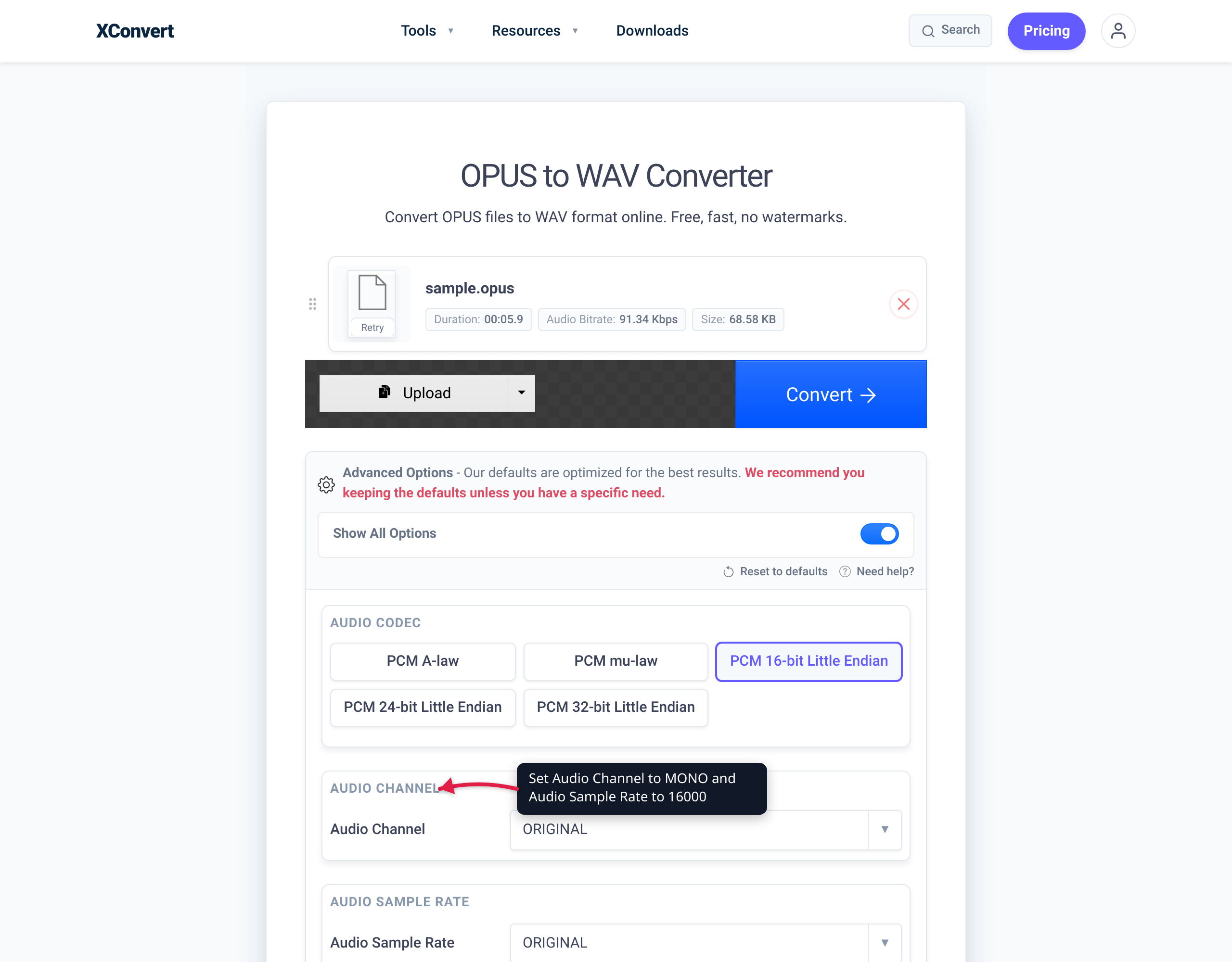 Set Audio Channel to MONO and Audio Sample Rate to 16000 — the speech-transcription spec