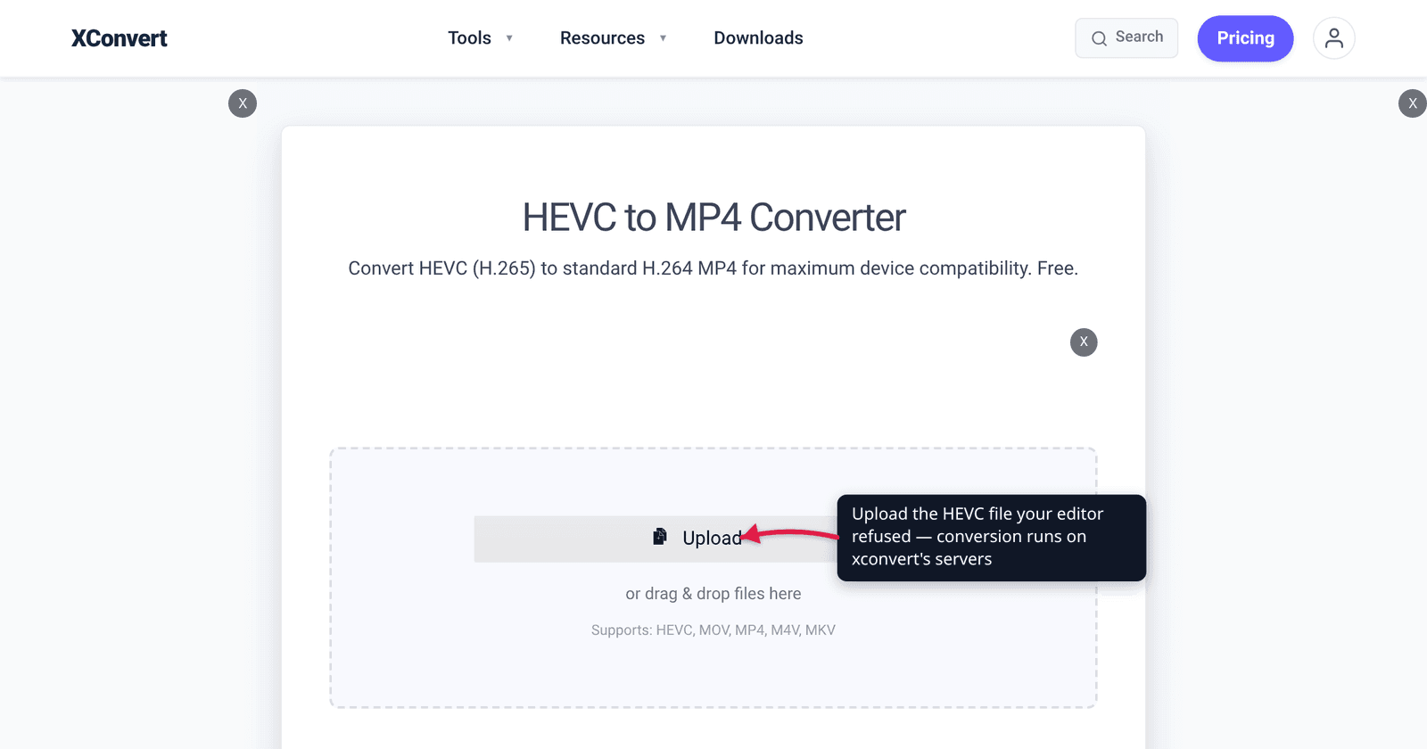 The xconvert HEVC to MP4 converter at /convert-hevc-to-mp4 with the Upload button highlighted — add the HEVC file your editor refused