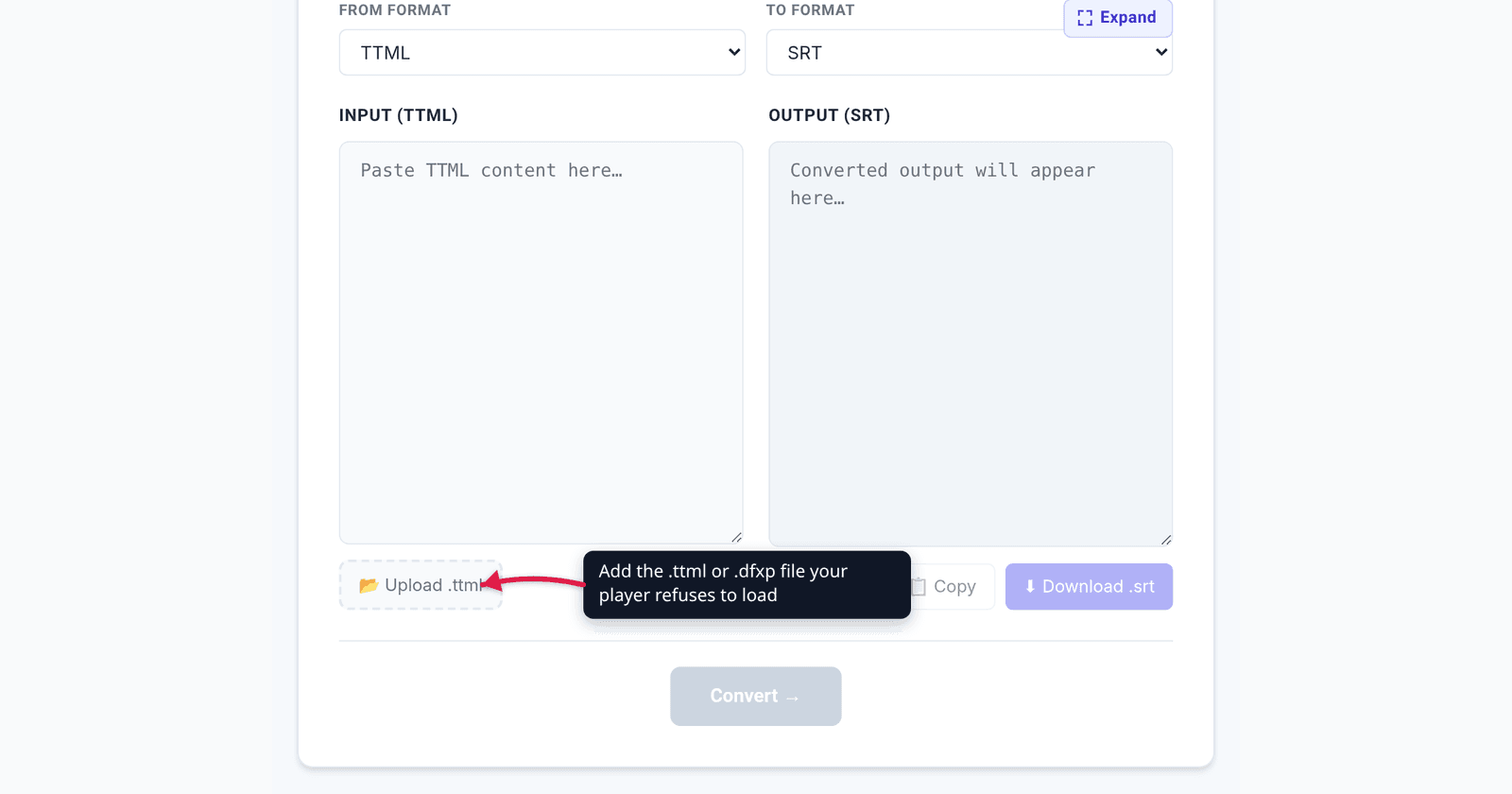 The xconvert TTML to SRT converter at /convert-ttml-to-srt with the Upload .ttml button highlighted — turn broadcast captions into a player-ready SRT