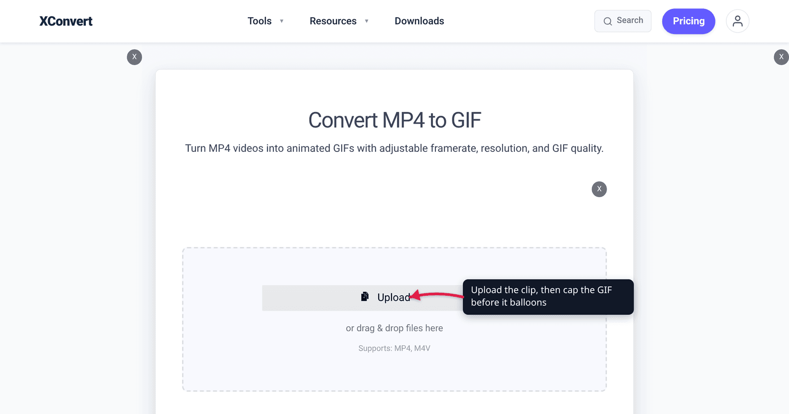 The xconvert MP4 to GIF converter at /convert-mp4-to-gif with the Upload button highlighted — set a size ceiling before converting