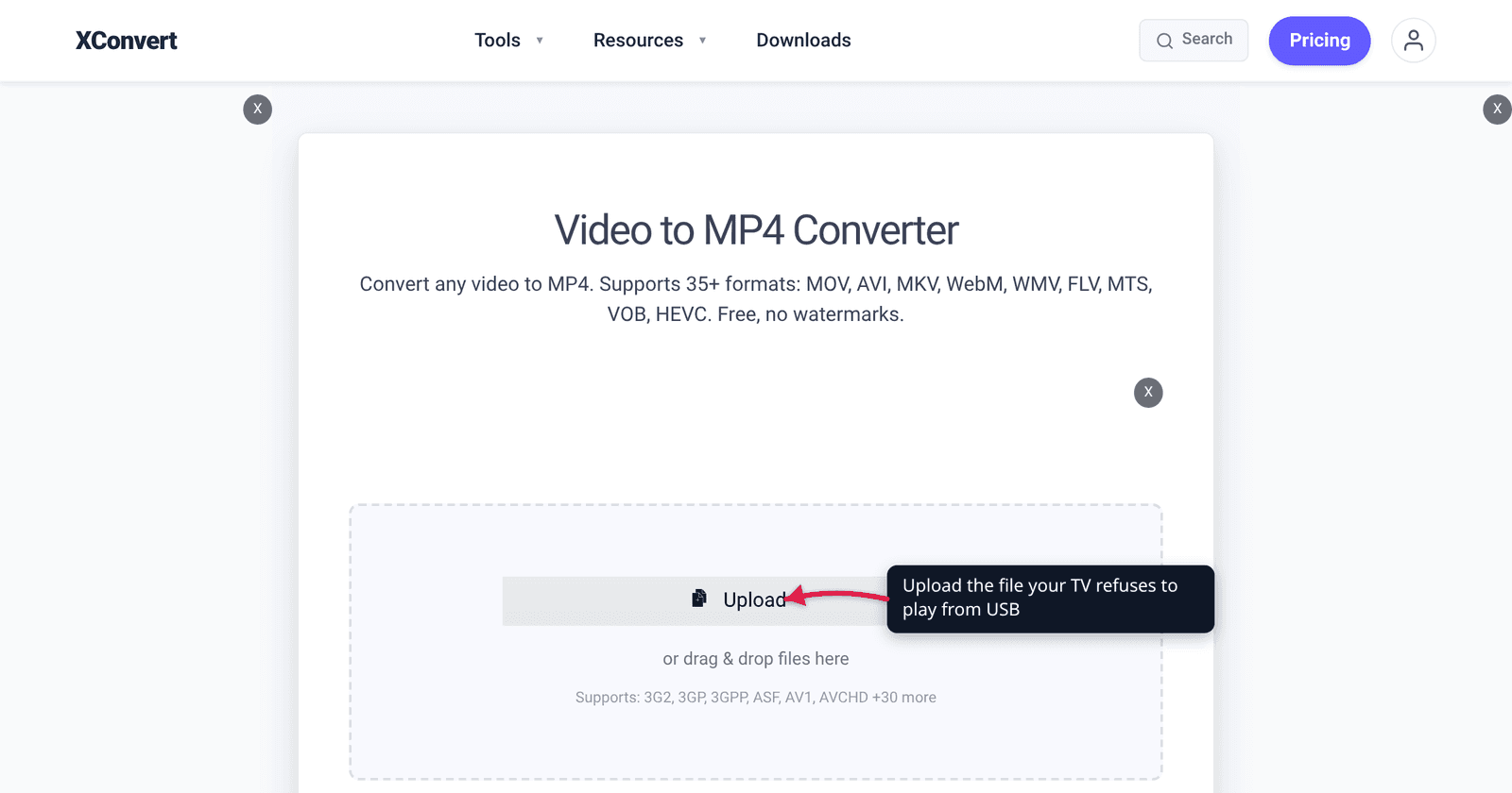 The xconvert video to MP4 converter at /convert-video-to-mp4 with the Upload button highlighted — re-encode a file your TV refuses to play from USB