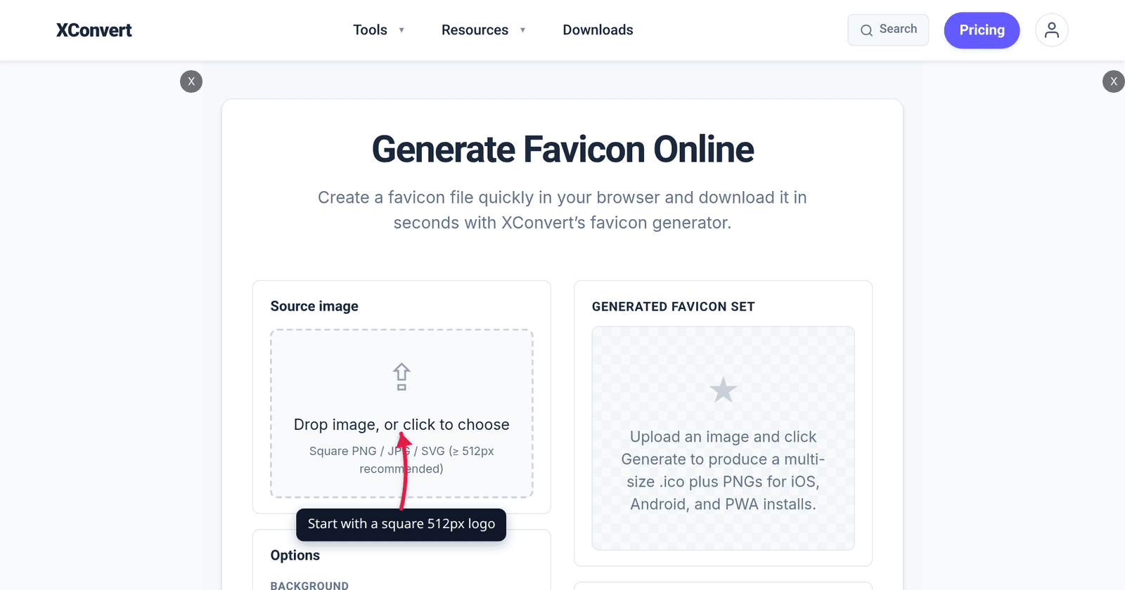 The xconvert favicon generator at /favicon-generator with the image drop zone highlighted — build the full favicon set from one square logo