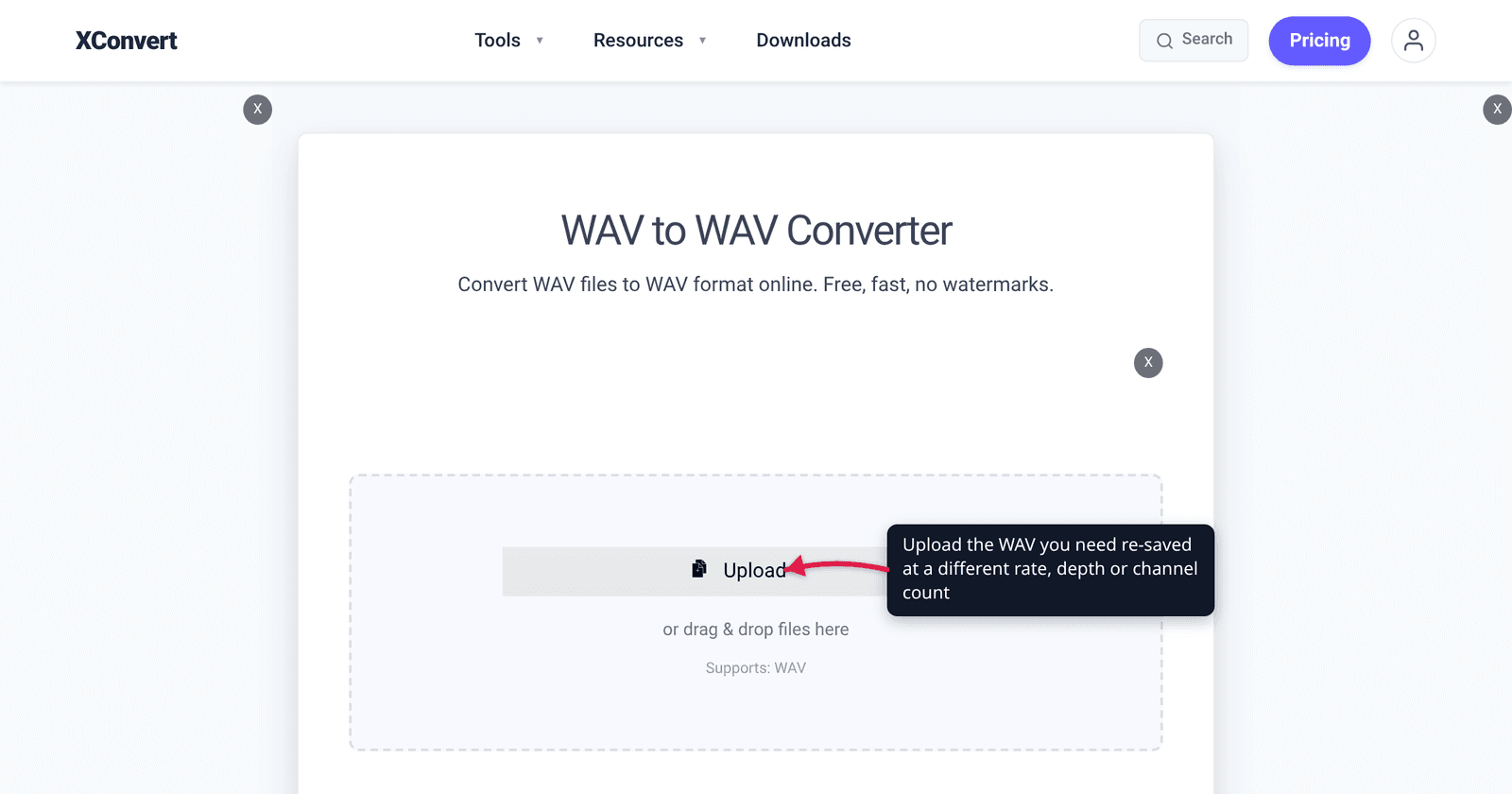 The xconvert WAV to WAV converter at /convert-wav-to-wav with the Upload button highlighted — re-save a WAV at a new sample rate, bit depth or channel count