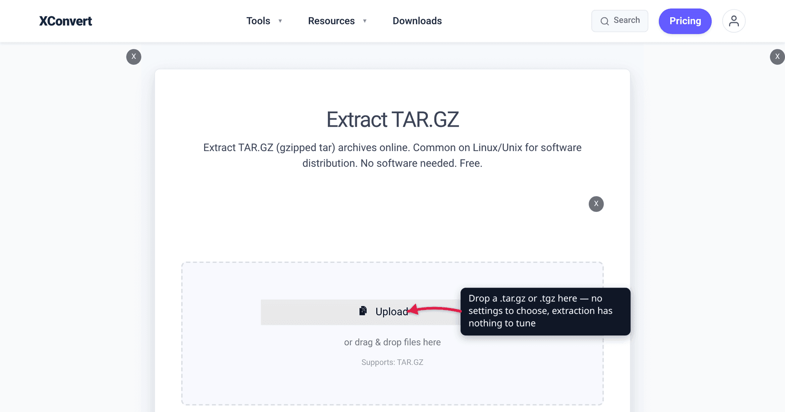 The xconvert TAR.GZ extractor at /extract-tar.gz with the Upload button highlighted — unpack a .tar.gz or .tgz archive in the browser
