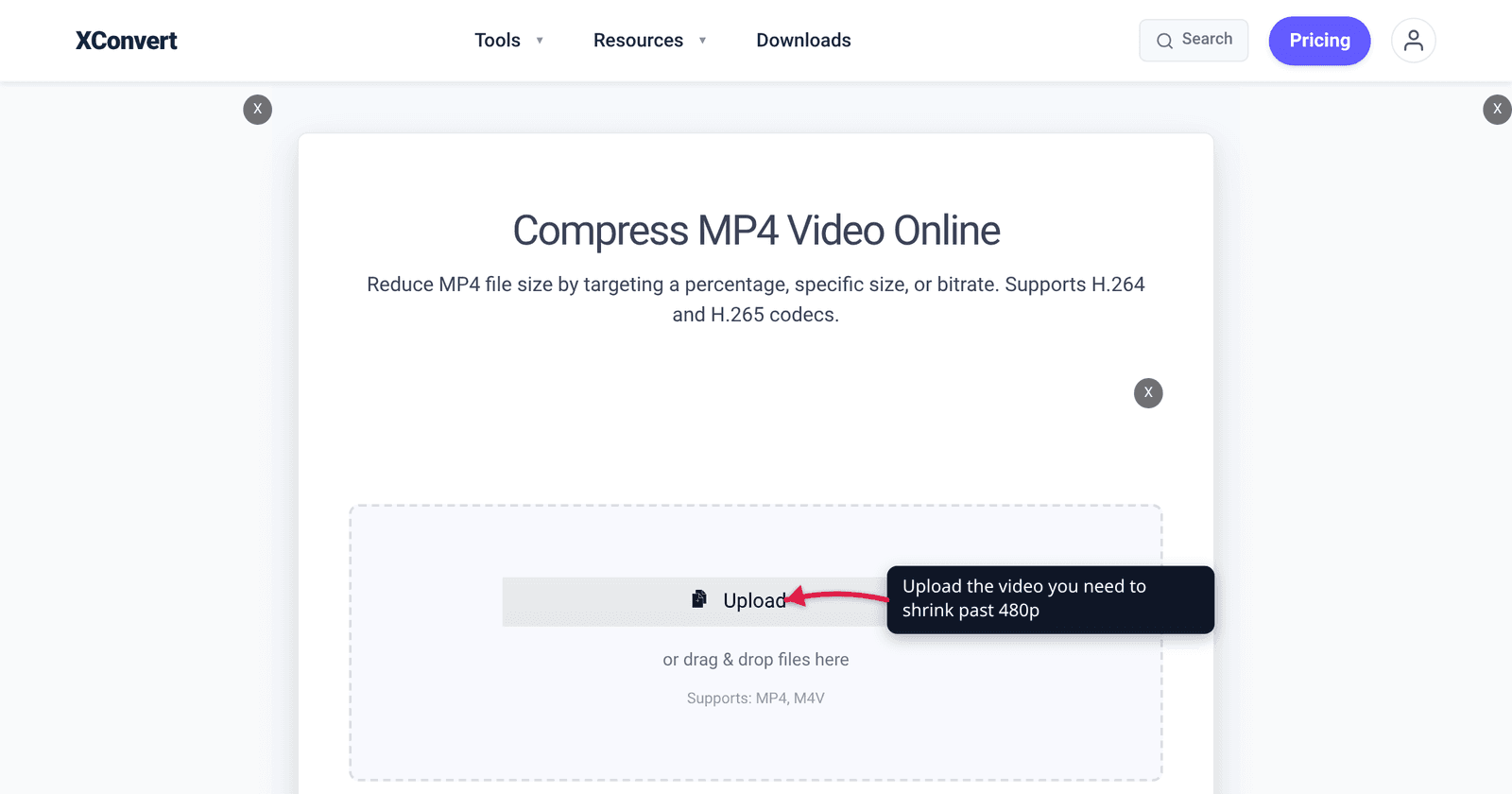 The xconvert MP4 compressor at /compress-mp4 with the Upload button highlighted — deliberately reduce a video to 480p, 360p, 240p or 144p