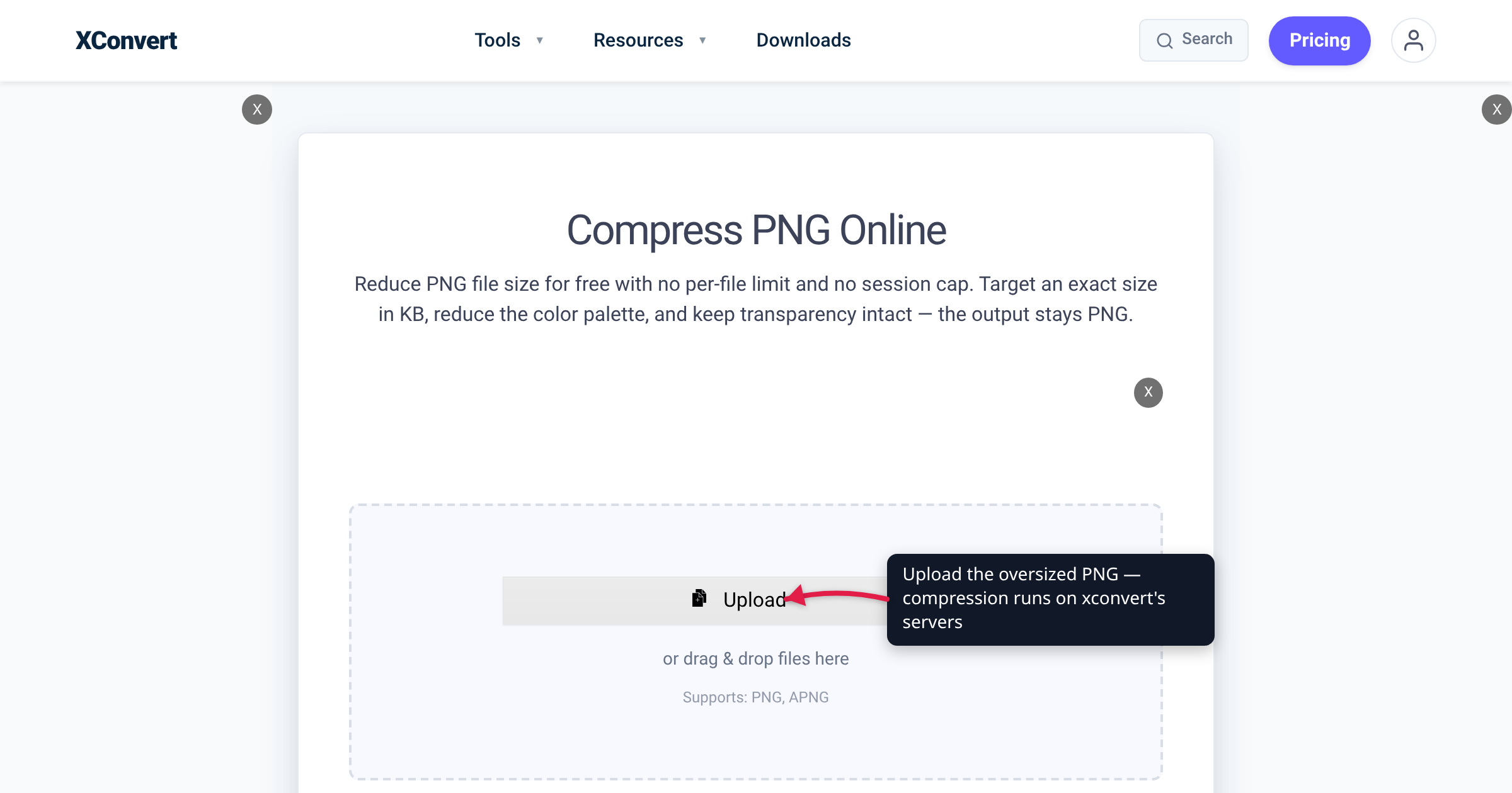 The xconvert PNG compressor at /compress-png with the Upload button highlighted — add the oversized PNG to shrink it