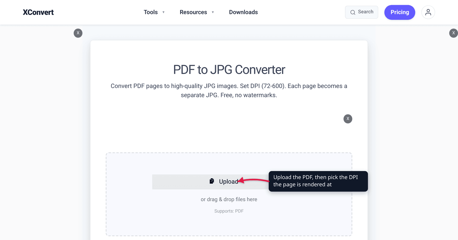 The xconvert PDF to JPG converter at /convert-pdf-to-jpg with the Upload button highlighted — upload a PDF and pick the render DPI