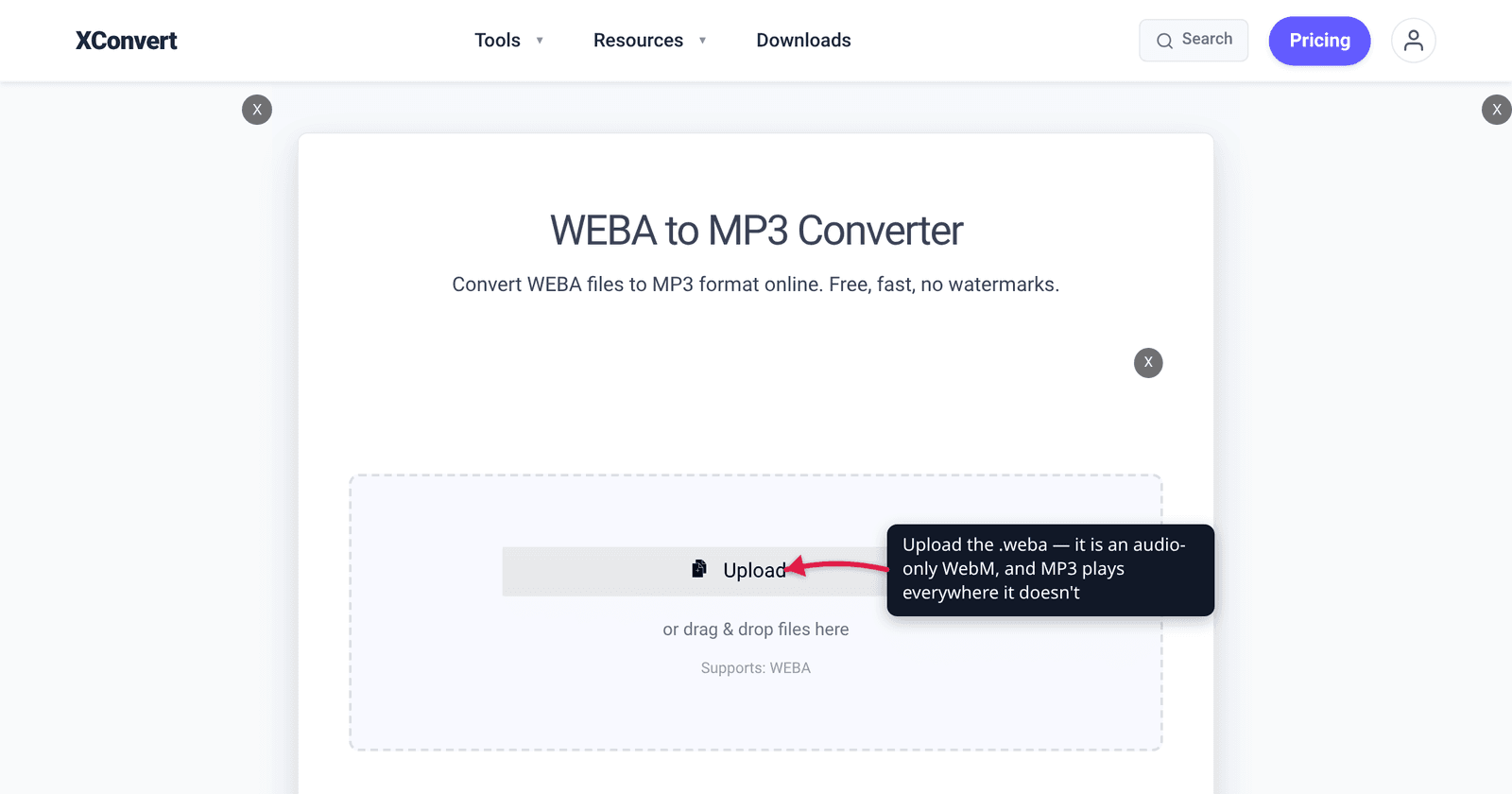 The xconvert WEBA to MP3 converter at /convert-weba-to-mp3 with the Upload button highlighted — turn an audio-only WebM into a file that plays anywhere