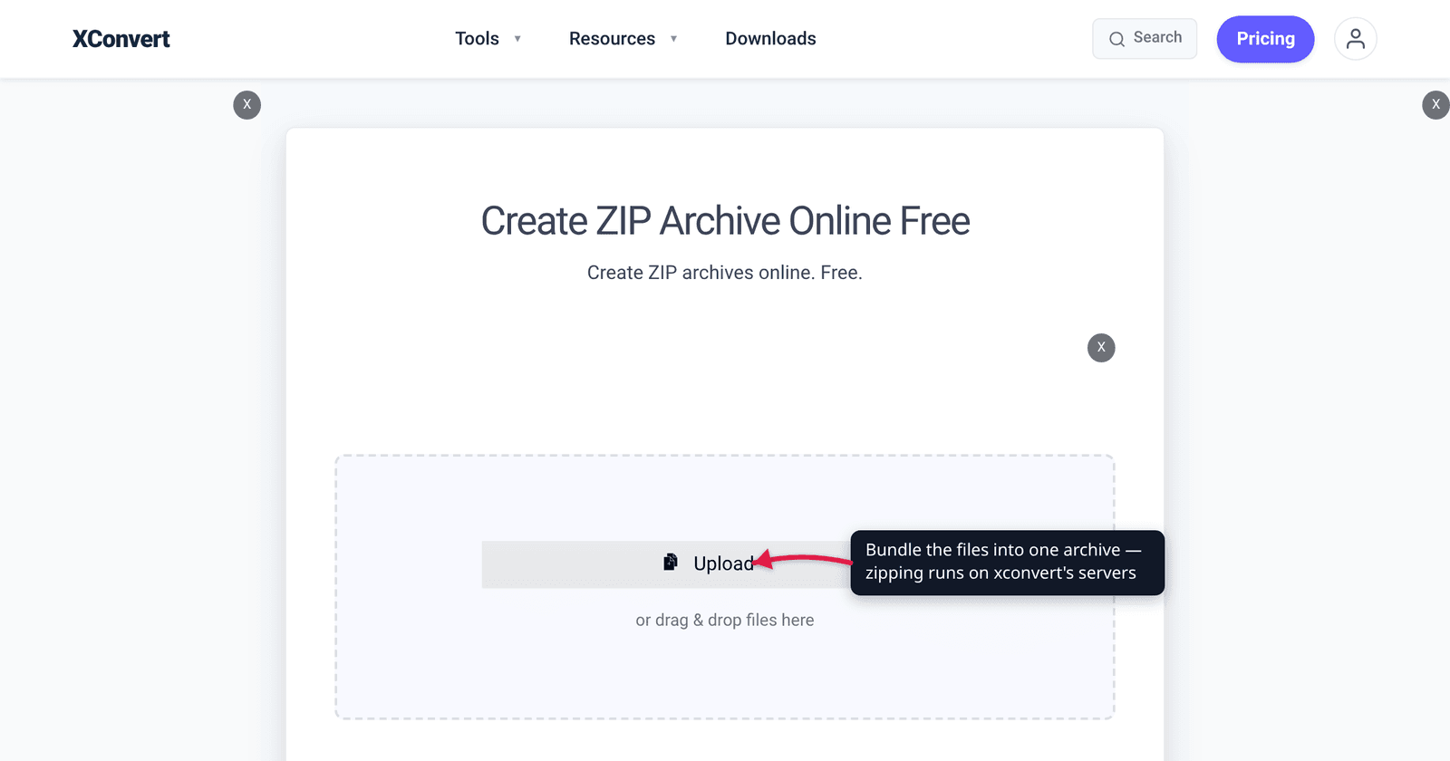 The xconvert file-to-ZIP archiver at /archive-file-to-zip with the Upload button highlighted — bundle files before emailing them