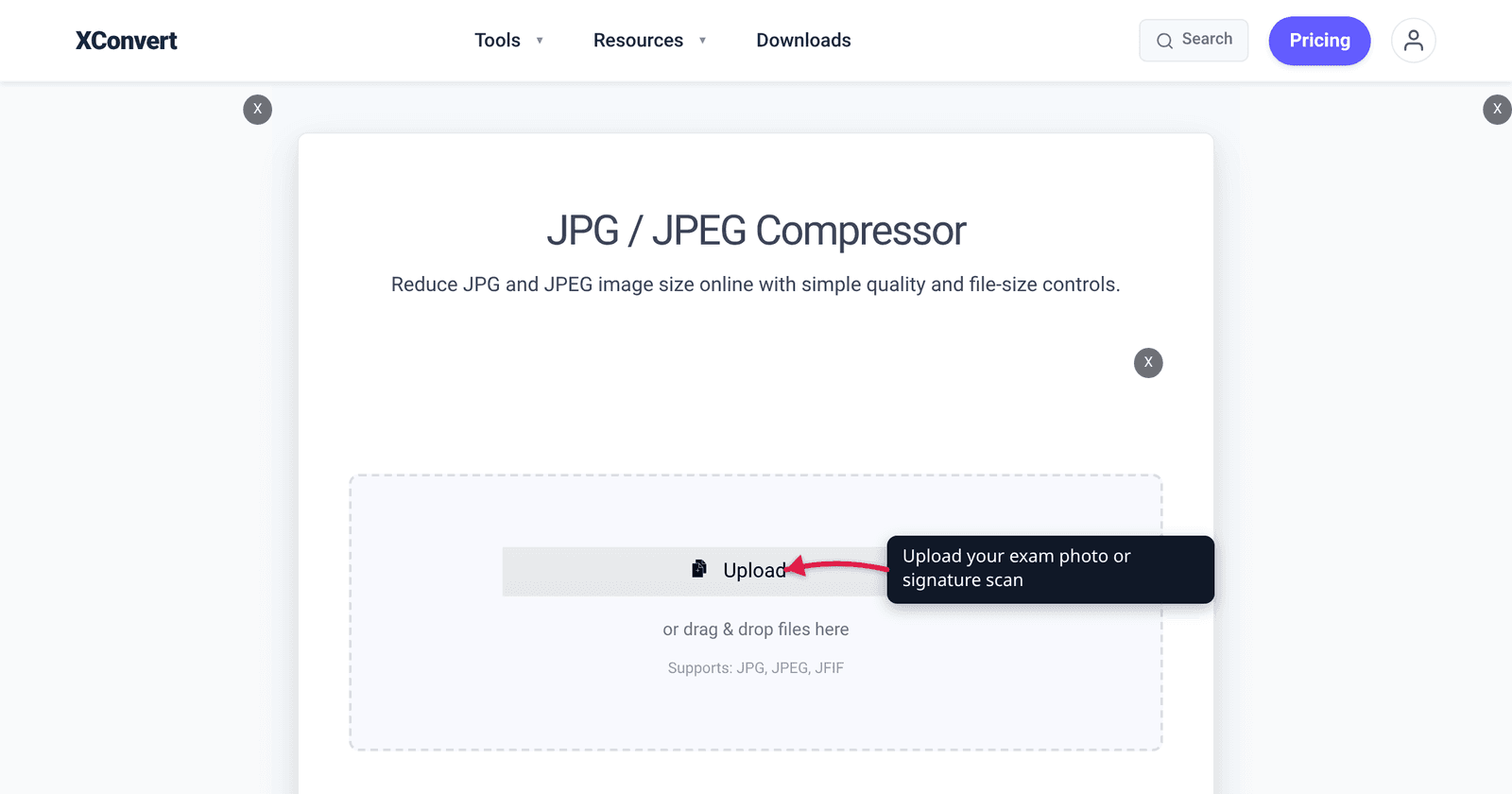 The xconvert JPEG compressor at /compress-jpeg with the Upload button highlighted — set an exam form's exact KB and pixel size