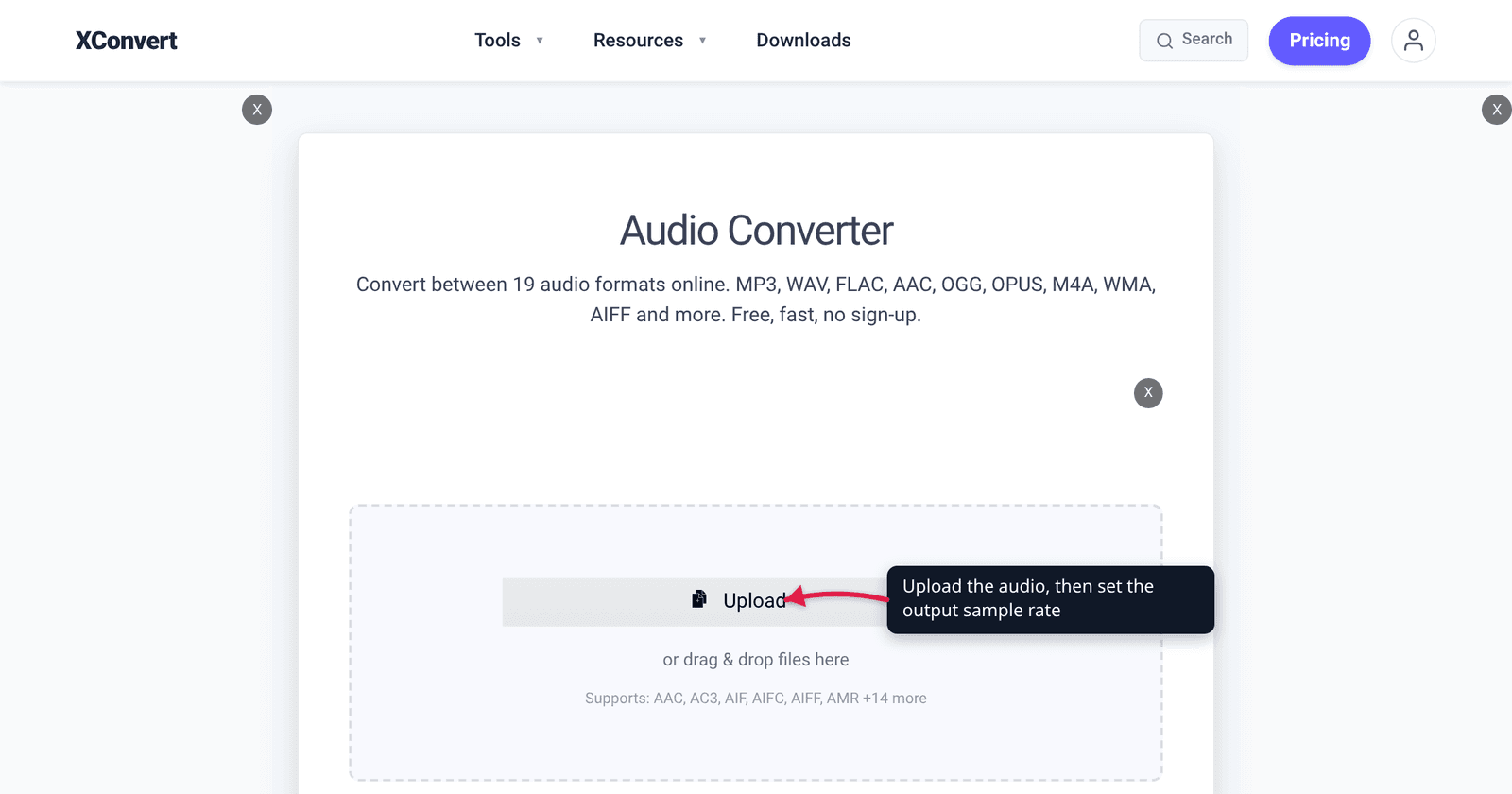 The xconvert audio converter at /audio-converter with the Upload button highlighted — set the output sample rate to 44100 or 48000 Hz