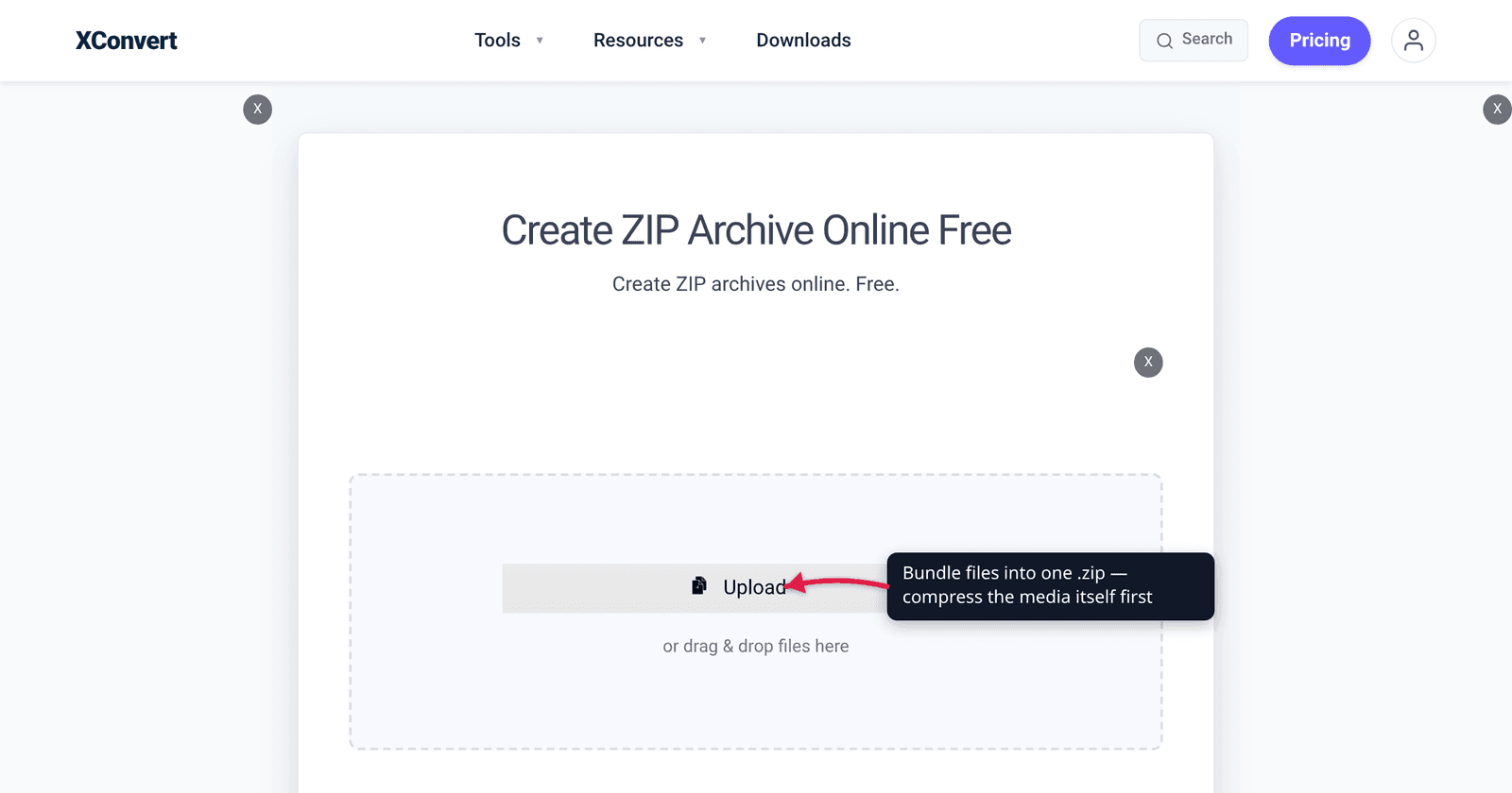 The xconvert ZIP archiver at /archive-file-to-zip with the Upload button highlighted — bundle files into one .zip