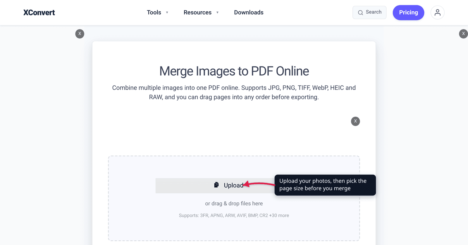 The xconvert image-to-PDF merger at /merge-image-to-pdf with the Upload button highlighted — add photos, then choose the page size