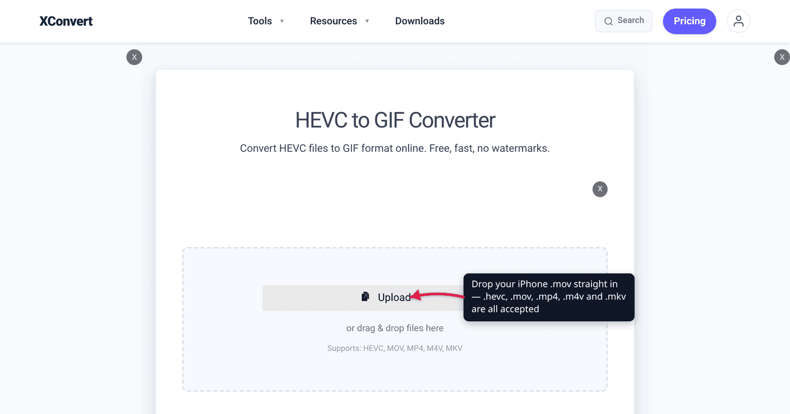 The xconvert HEVC to GIF converter at /convert-hevc-to-gif with the Upload button highlighted - upload an iPhone .mov to turn it into a GIF