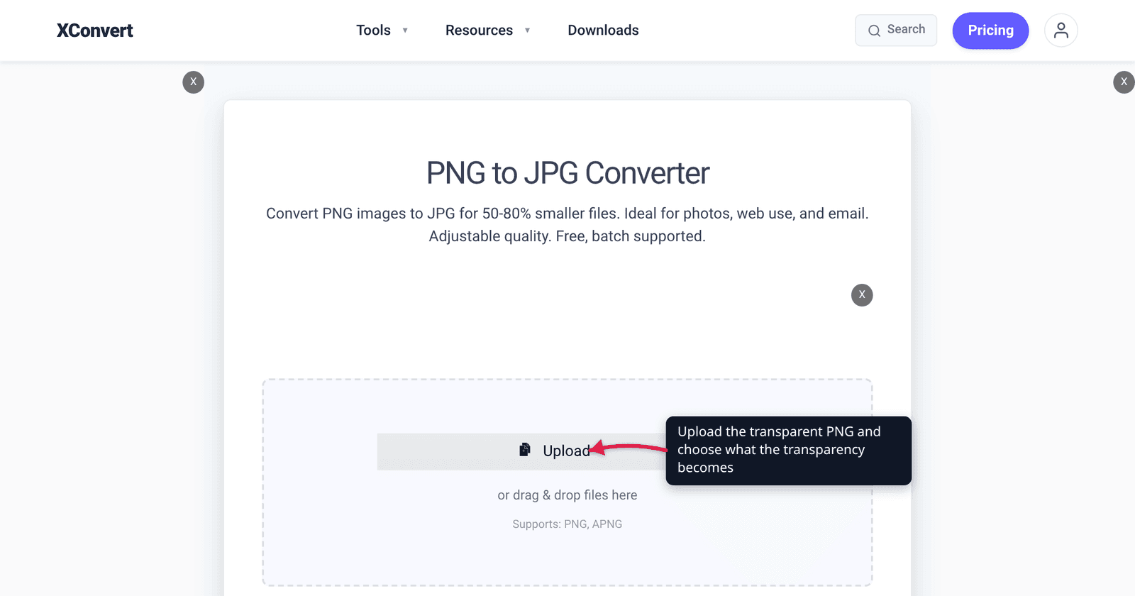 The xconvert PNG to JPG converter at /convert-png-to-jpg with the Upload button highlighted - convert a transparent PNG and choose what the transparency becomes