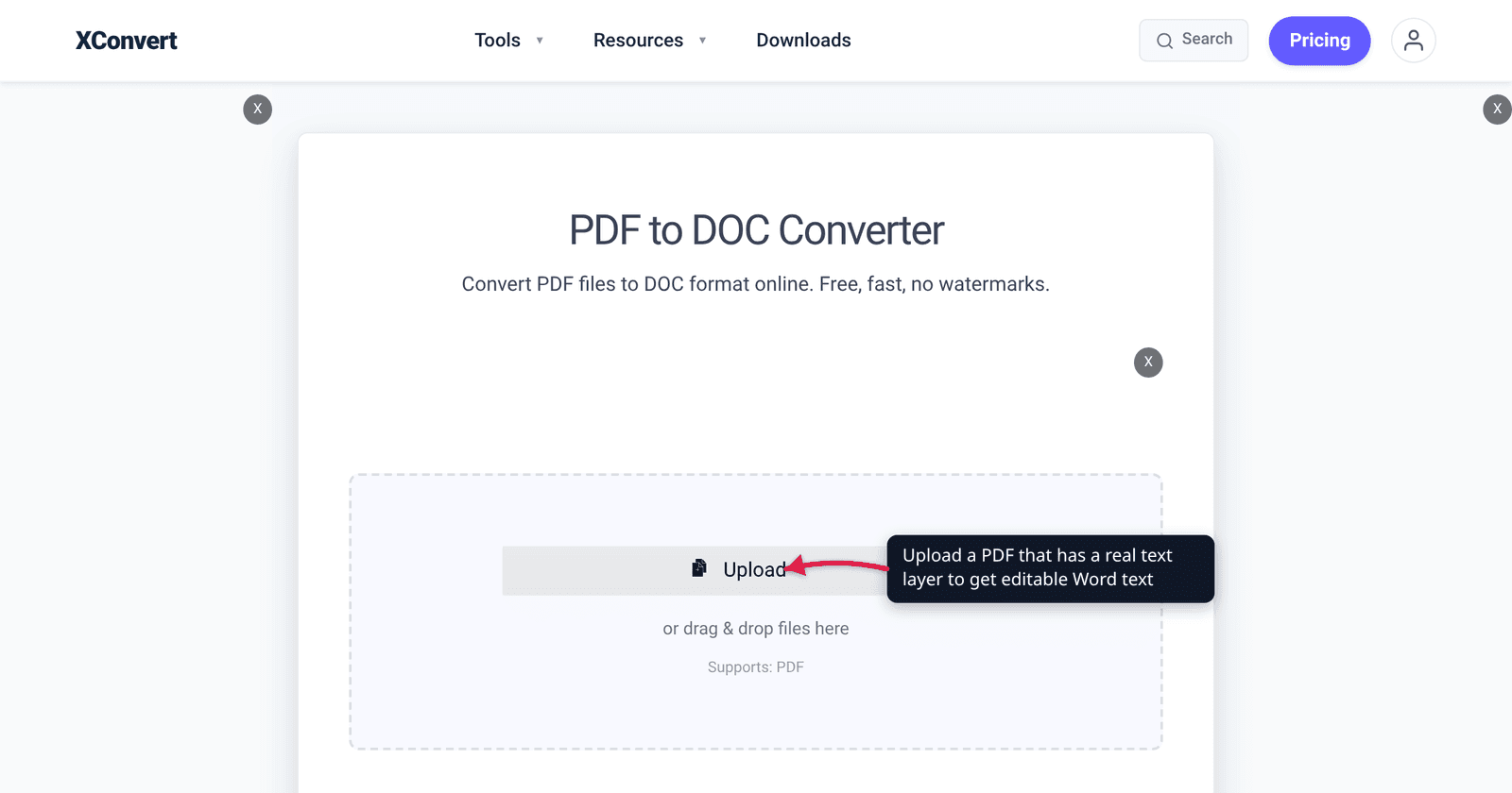 The xconvert PDF to DOC converter at /convert-pdf-to-doc with the Upload button highlighted - convert a PDF that has a real text layer into an editable Word file