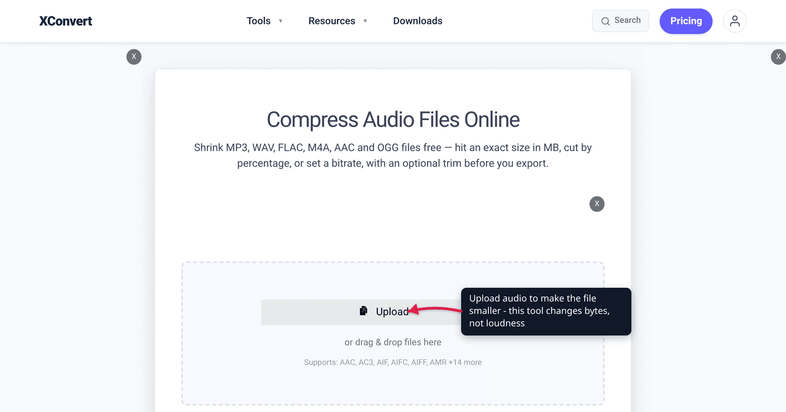 The xconvert audio compressor at /audio-compressor with the Upload button highlighted - upload an audio file to reduce its file size