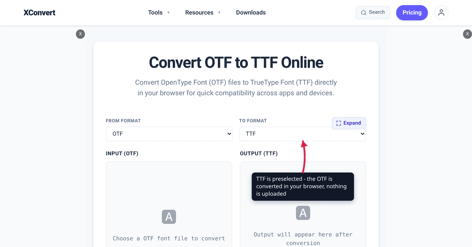 The xconvert OTF to TTF converter at /convert-otf-to-ttf with the Choose font file button highlighted - pick an OTF and convert it to TTF on your own device