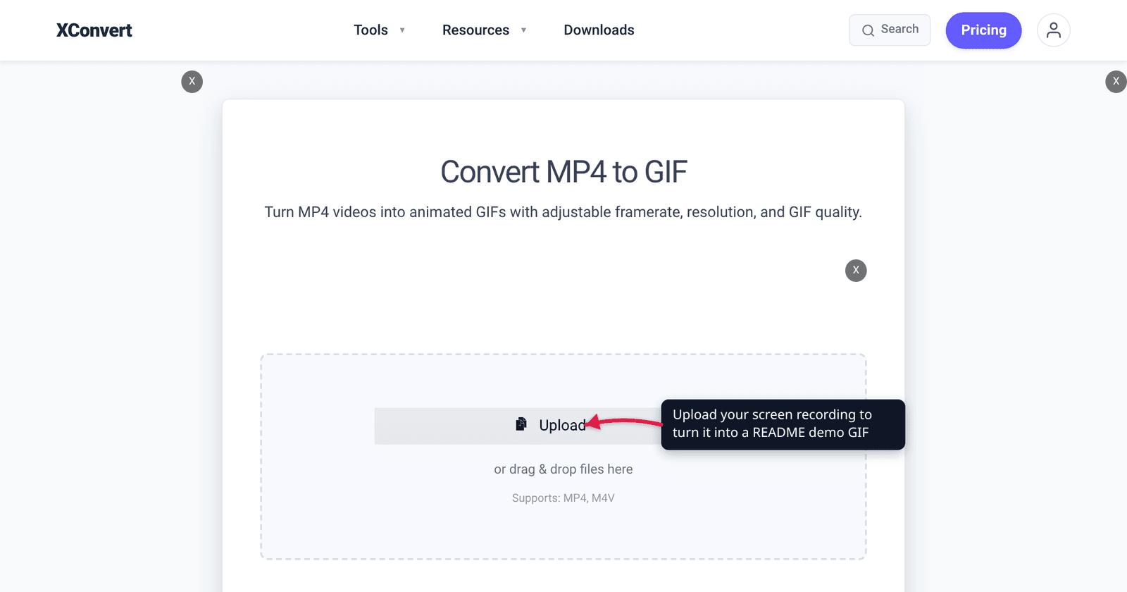 The xconvert MP4 to GIF converter at /convert-mp4-to-gif with the Upload button highlighted - turn a screen recording into a demo GIF under GitHub's 10 MB limit