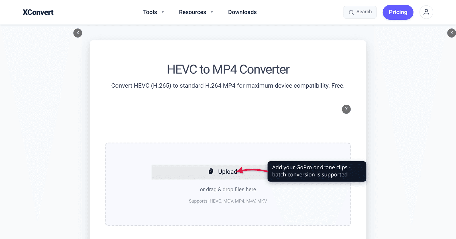 The xconvert HEVC to MP4 converter at /convert-hevc-to-mp4 with the Upload button highlighted - convert GoPro and drone HEVC clips to H.264
