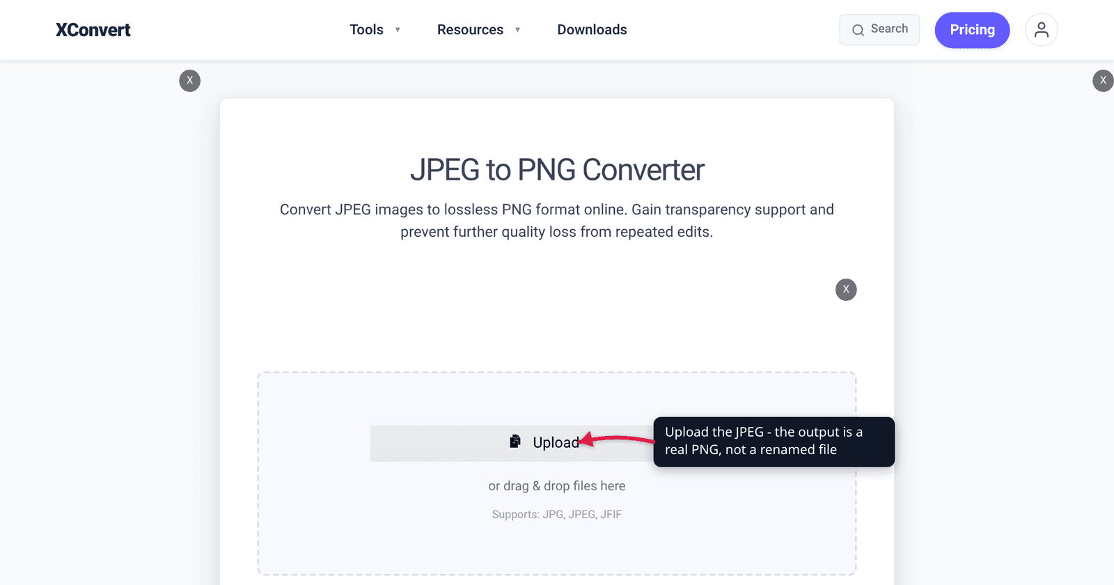 The xconvert JPEG to PNG converter at /convert-jpeg-to-png with the Upload button highlighted - convert a JPEG to a real PNG file