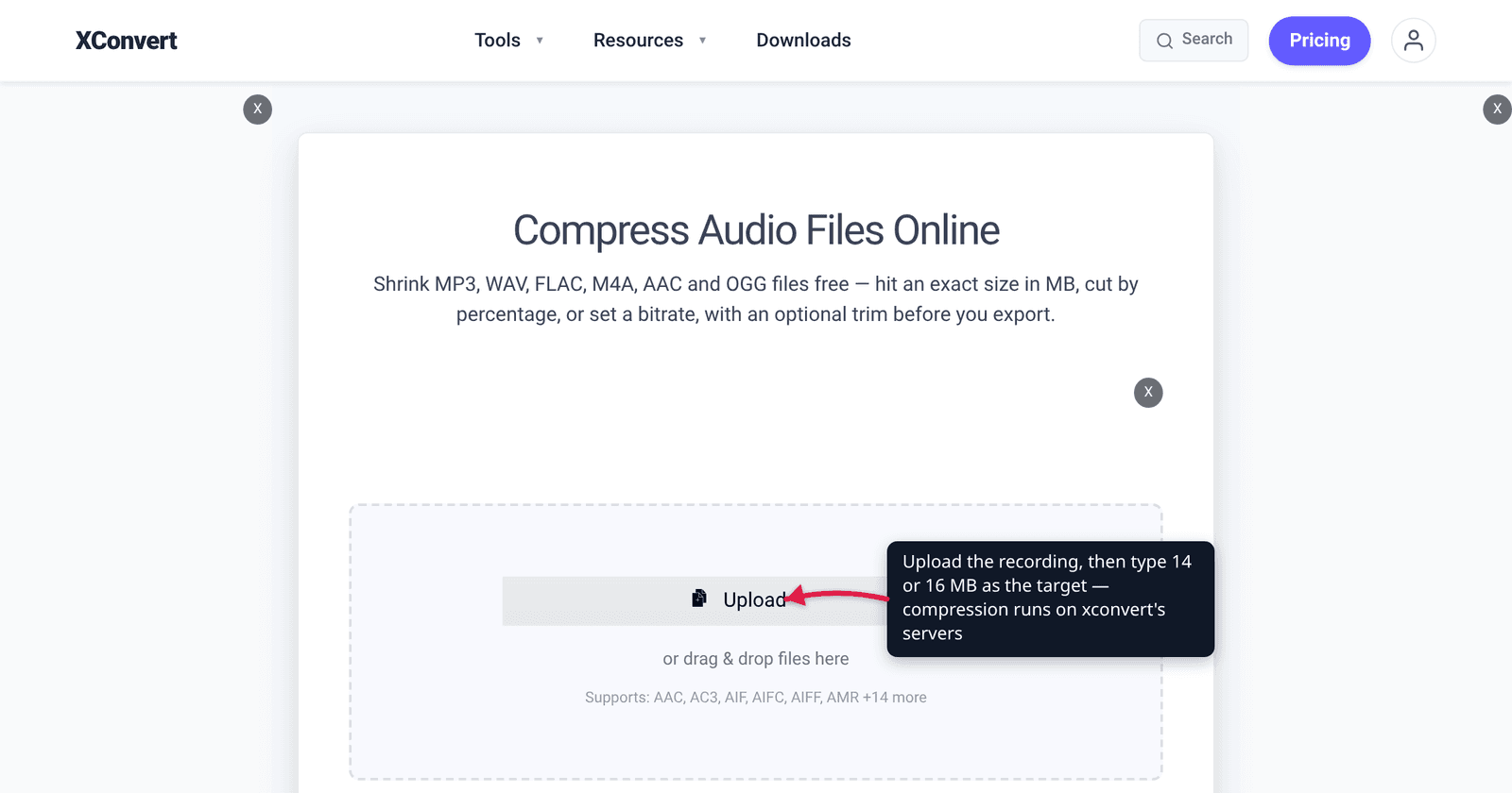The xconvert audio compressor at /audio-compressor with the Upload button highlighted — add a recording, then type a target size in MB