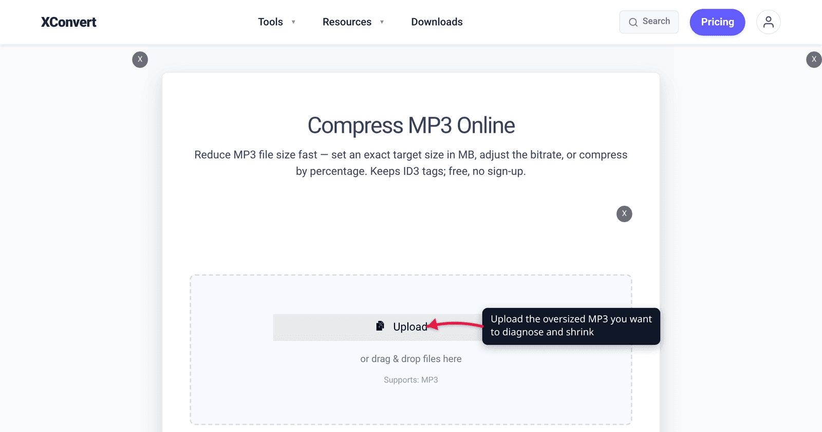 The xconvert MP3 compressor at /compress-mp3 with the Upload button highlighted — add the oversized MP3 you want to diagnose and shrink