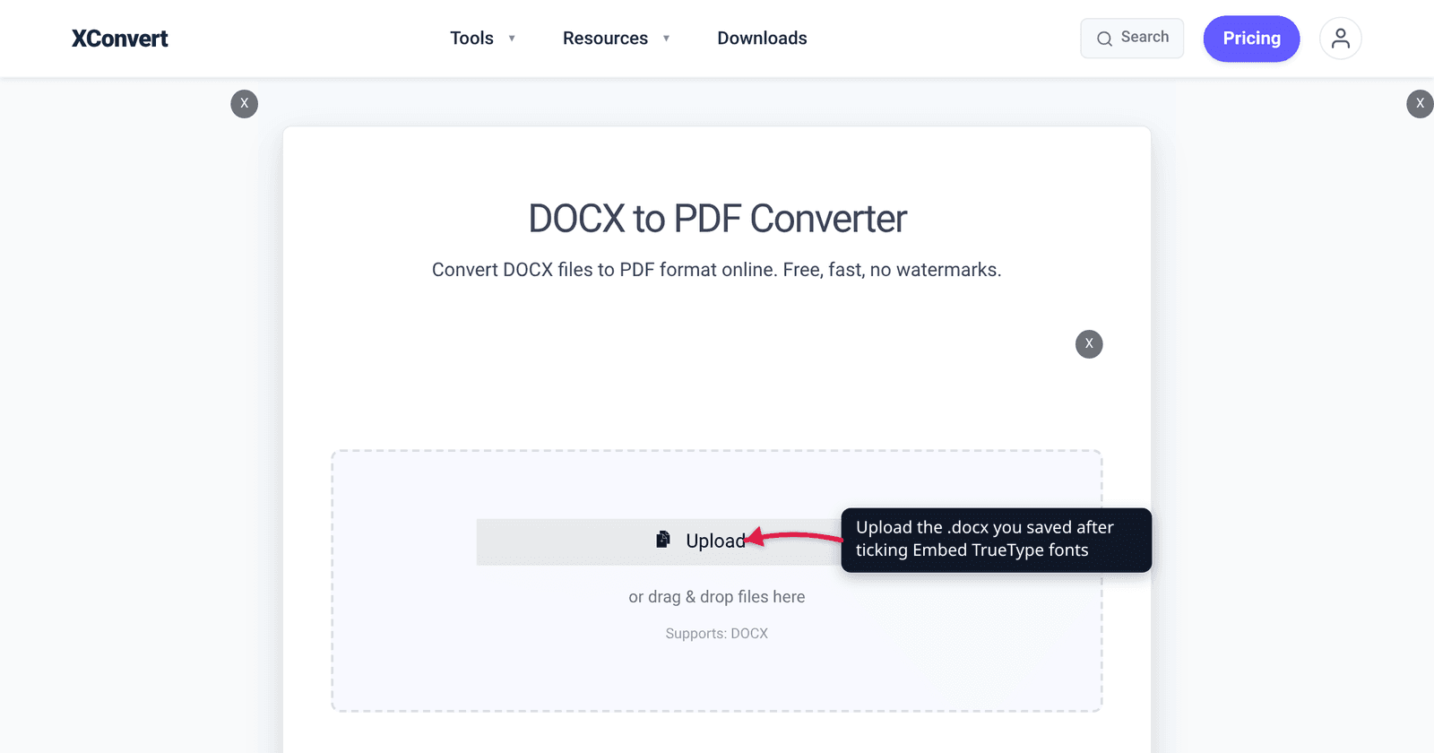The xconvert DOCX to PDF converter at /convert-docx-to-pdf with the Upload button highlighted — convert a Word file whose fonts you already embedded