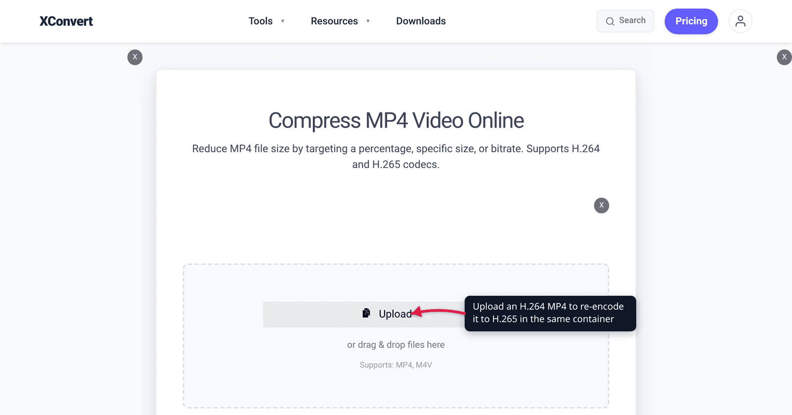 The xconvert MP4 compressor at /compress-mp4 with the Upload button highlighted — add an H.264 MP4 to re-encode it to H.265 inside the same container
