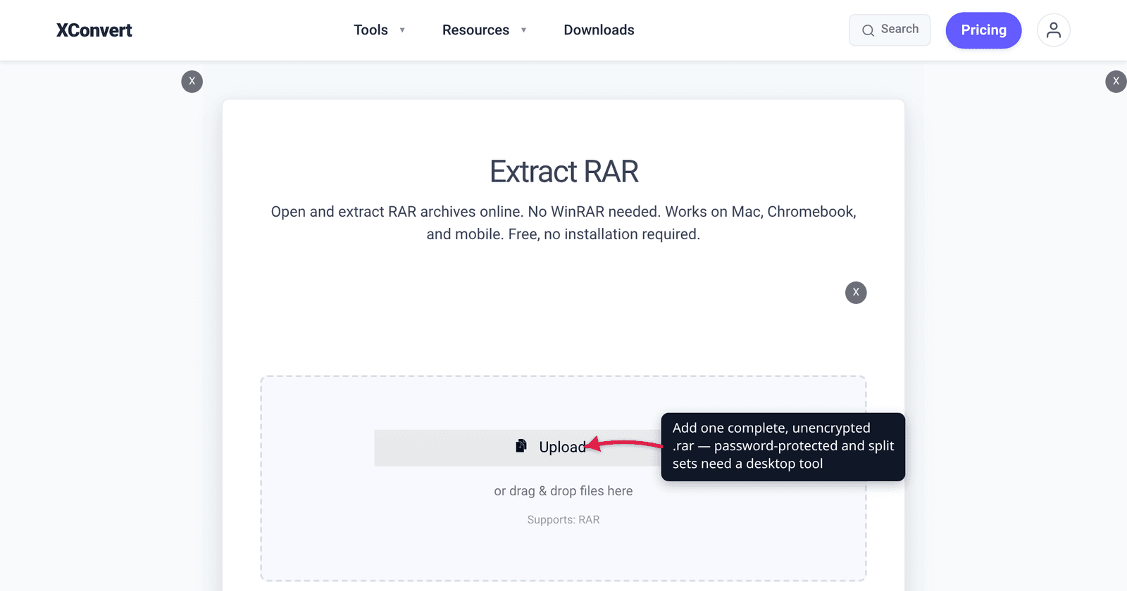 The xconvert RAR extractor at /extract-rar with the Upload button highlighted — add a single complete .rar and extract it on our servers