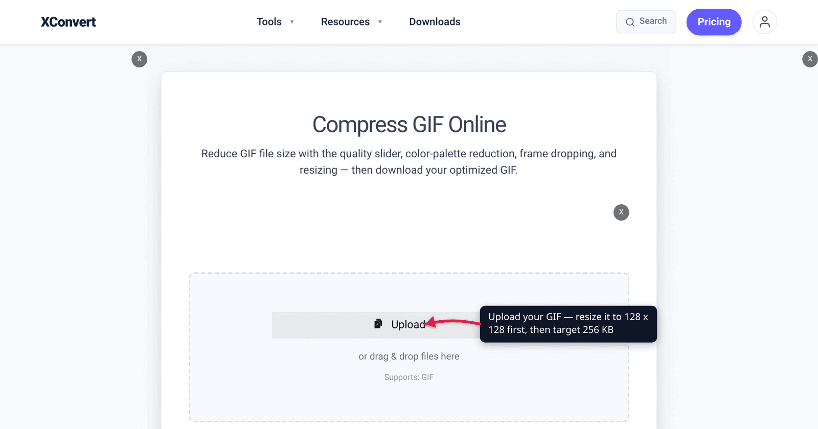 The xconvert GIF compressor at /compress-gif with the Upload button highlighted — resize an animated GIF to 128x128 and target 256 KB for a Discord custom emoji