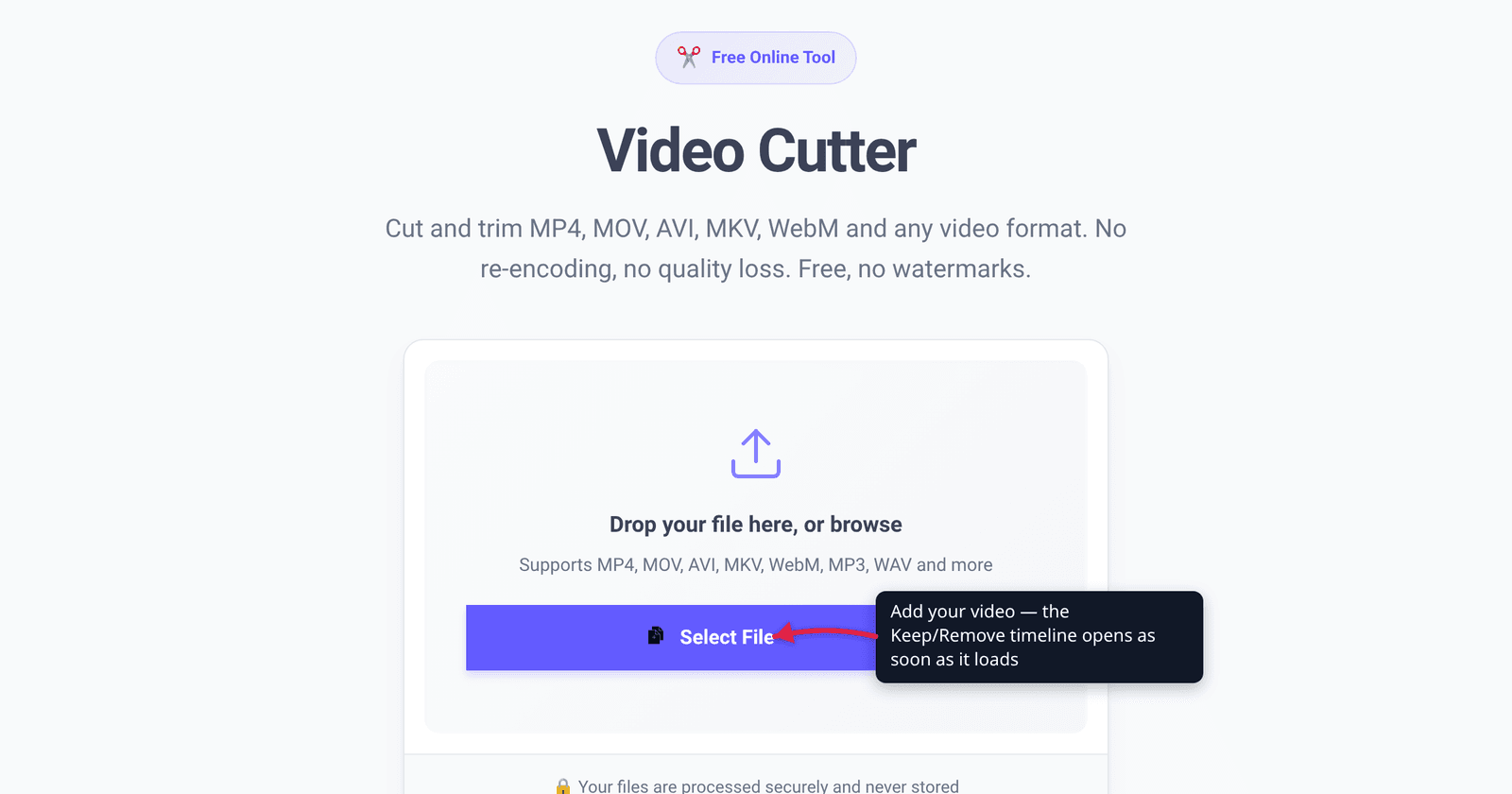 The xconvert video cutter at /video-cutter with the Select File button highlighted — add a video to open the Keep/Remove timeline