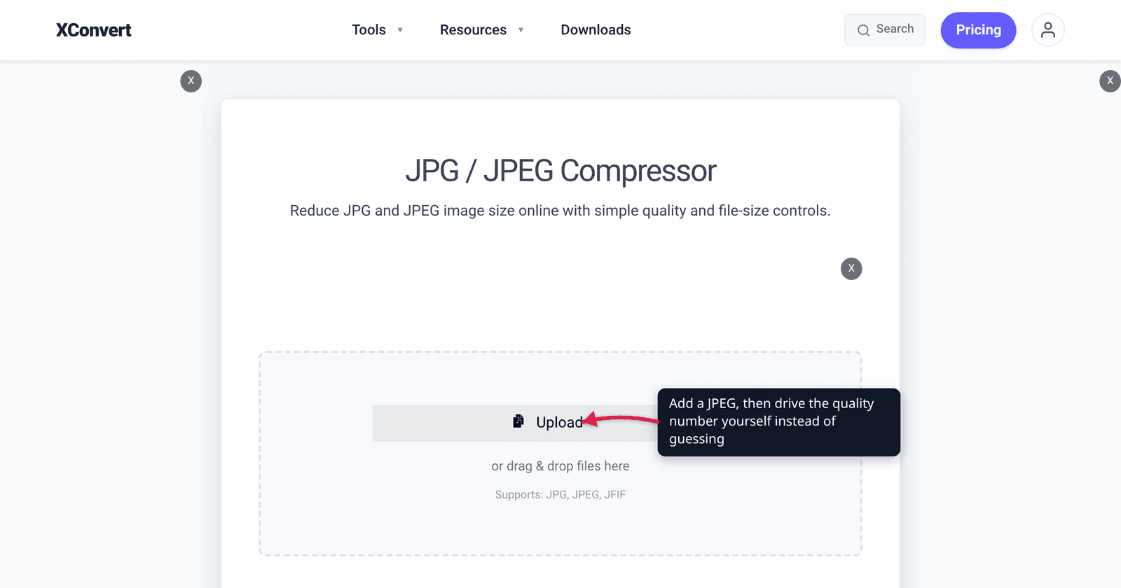 The xconvert JPEG compressor at /compress-jpeg with the Upload button highlighted — set the JPEG quality number yourself