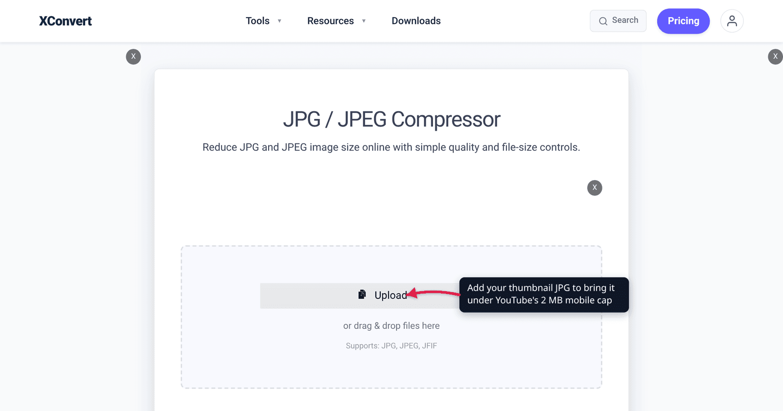 The xconvert JPG / JPEG Compressor at /compress-jpeg with the Upload button highlighted — add a YouTube thumbnail to bring it under the 2 MB mobile cap